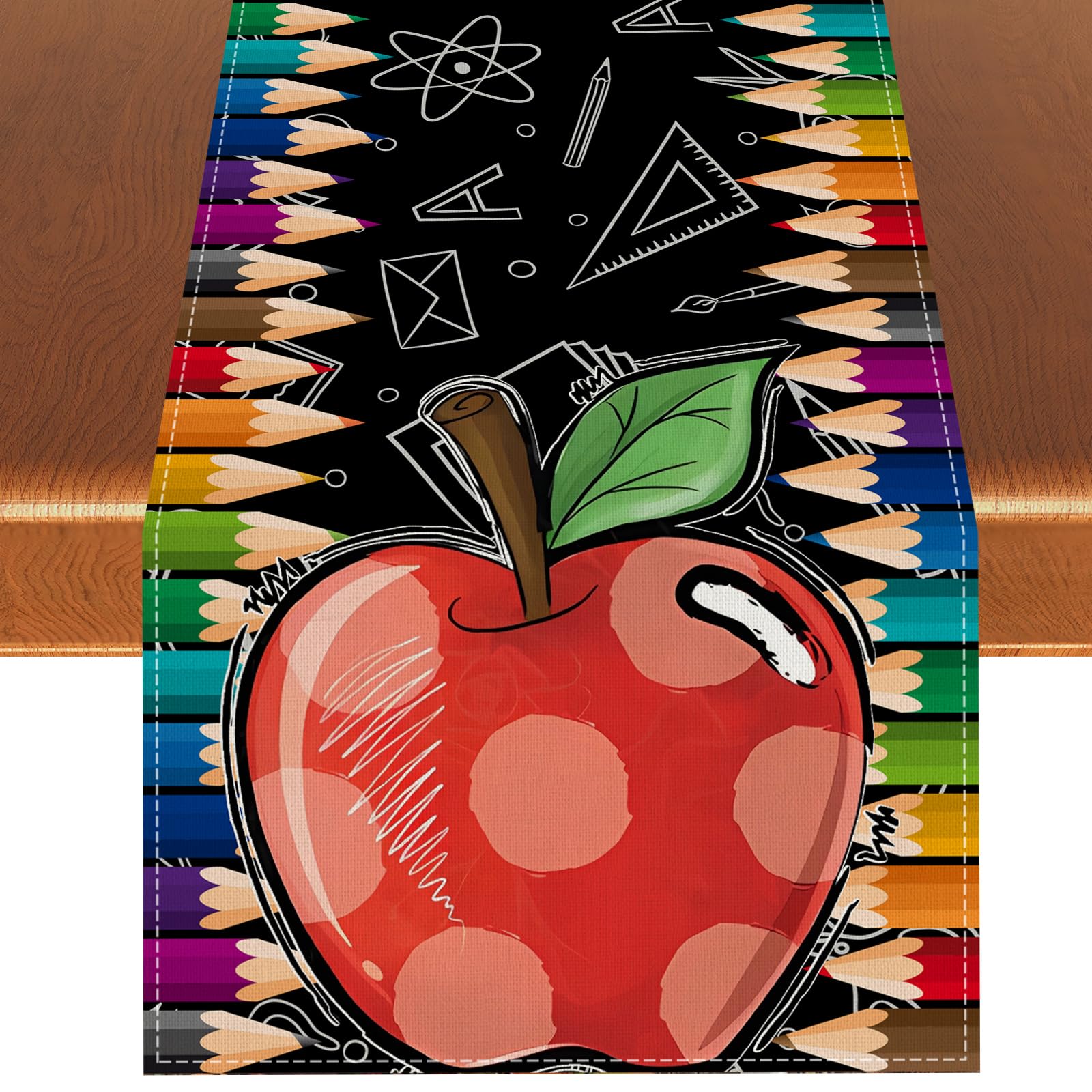 Apple Back to School Table Runner,Pencil First Day of School Decor,Rules and Books Decorations and Supplies for Home Classroom Party Table 13×72''