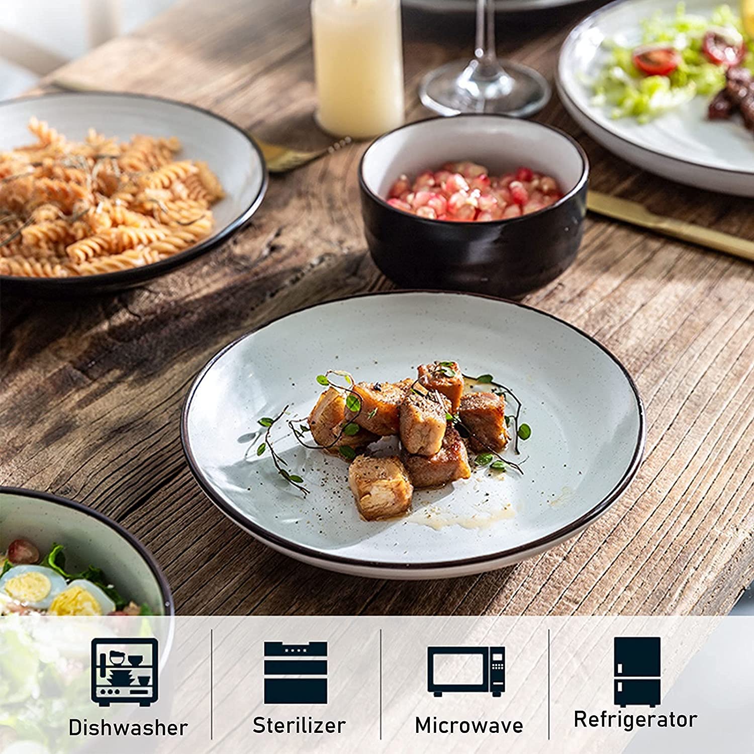 Zestaw obiadowy na przyjęcie rodzinne, hotel, restauracja, okrągły zestaw obiadowy 40/56 elementów, kamionkowy zestaw obiadowy na 8-10 osób, zastawa stołowa na prezent, biały, czarny/40 sztuk