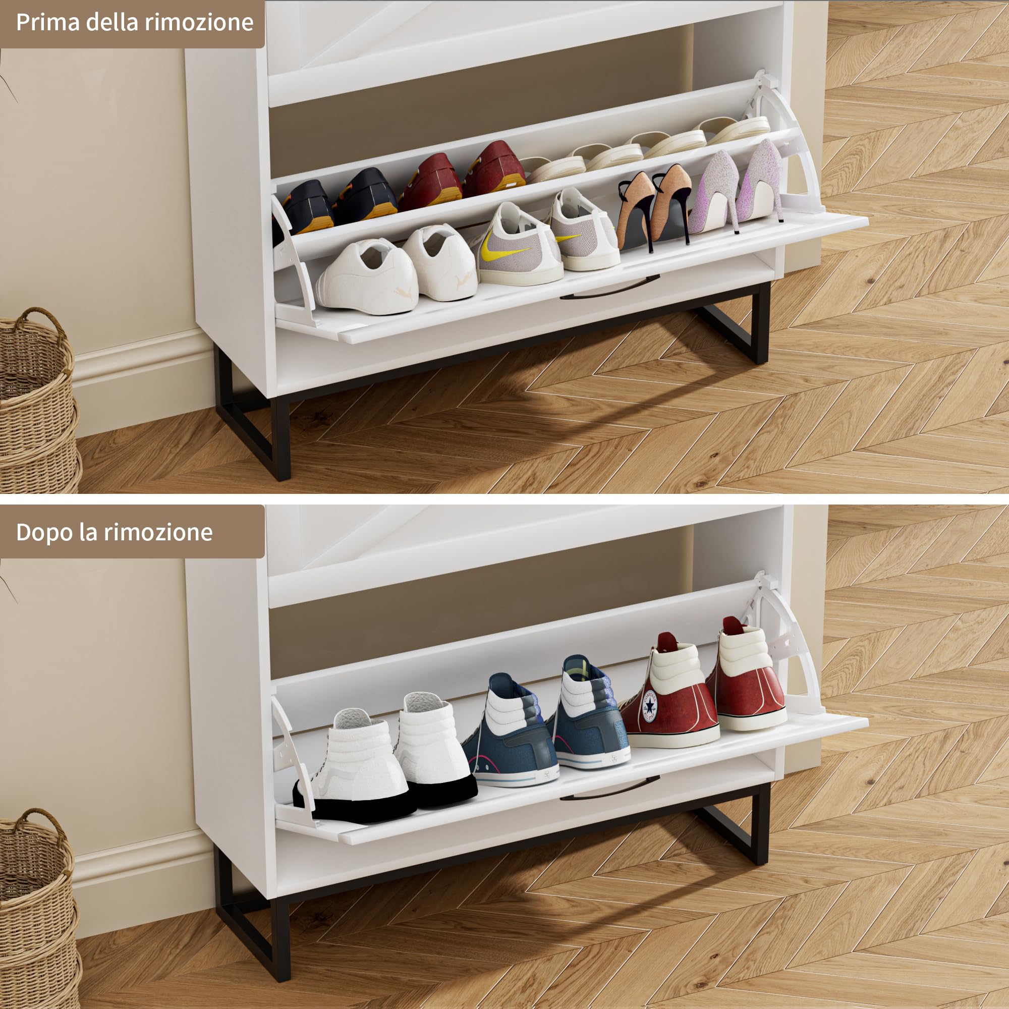 BonVache Scarpiera Salvaspazio Slim in Legno, 2 Ante Scanalate a Ribalta, Scarpiera con 2 piattaforme regolabili, piedini in metallo, per corridoio, ingresso, 80 x 23,8 x 101,7 cm, Bianco