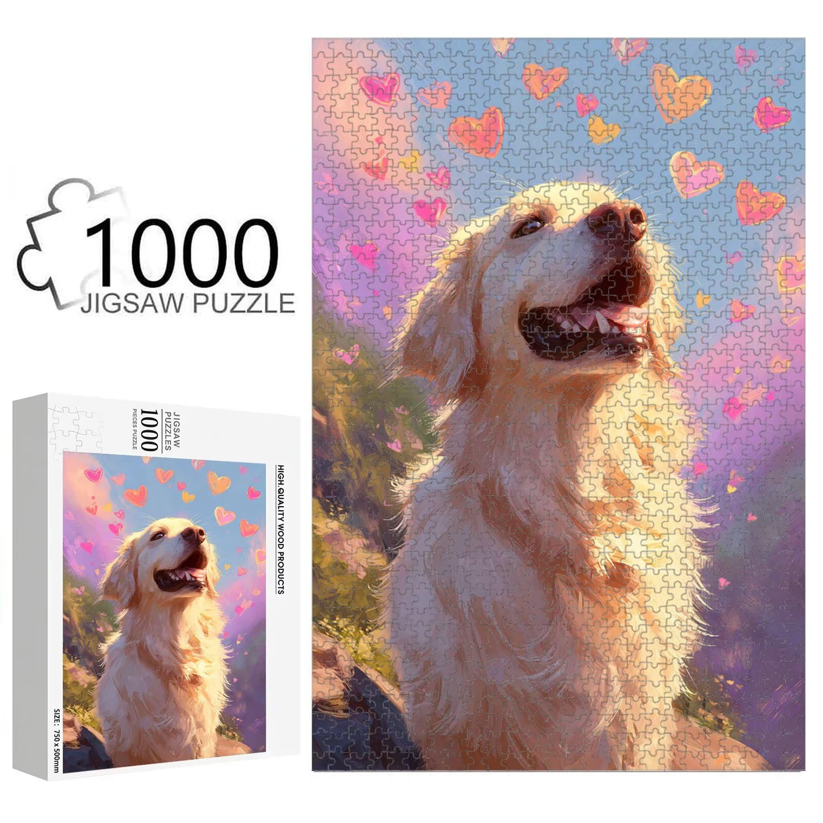 Puzzle 1000 elementów, pies i miłość trwałe drewniane puzzle 1T#2263 | Drewniane puzzle, precyzyjne cięcie, jasne atramenty, relaksujący wypoczynek, wystrój domu, prezent, 50x75cm