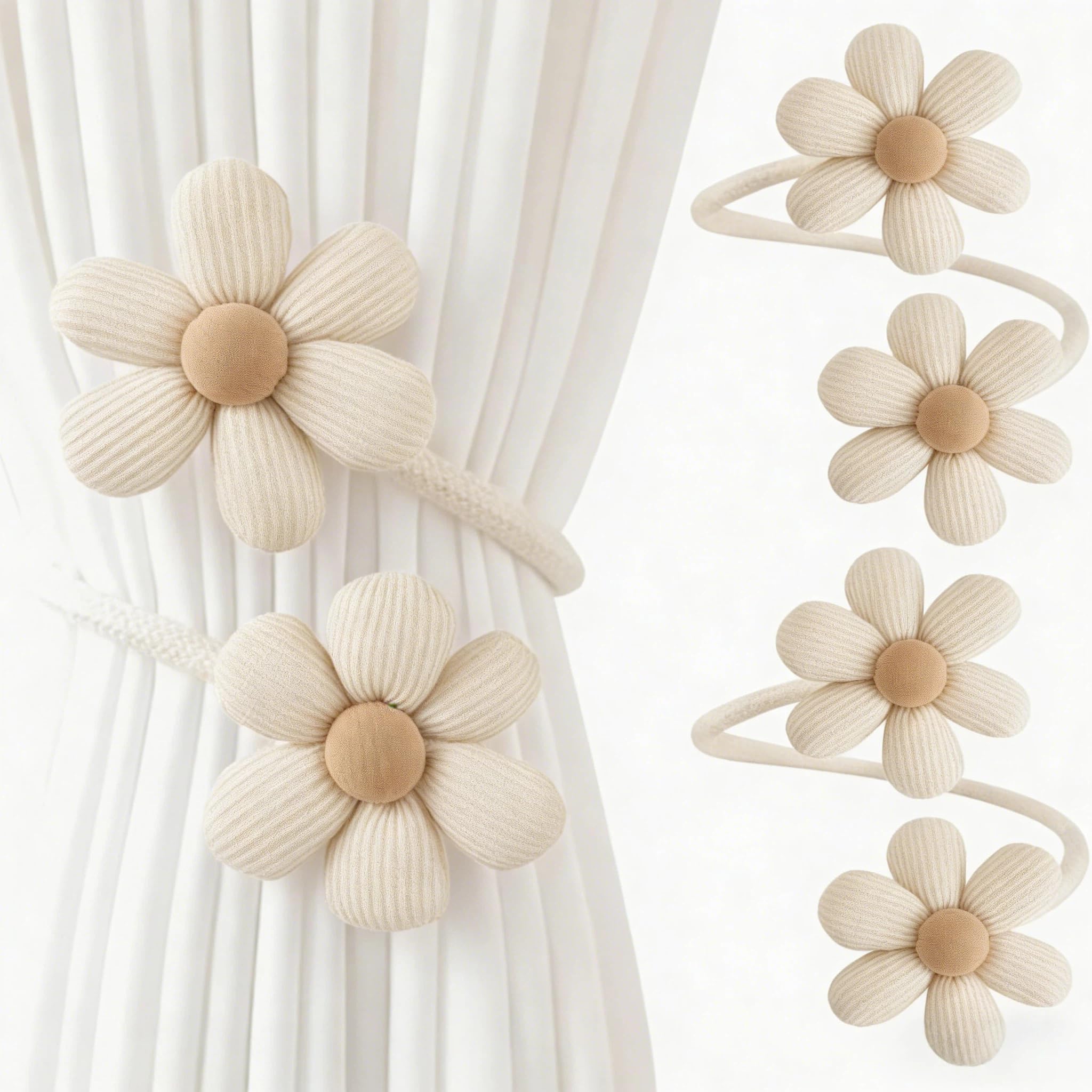 2 Pack Curtain Tie Backs Braided Rope Holdbacks Flower Tie Back for Curtains Pink Purple Flower Curtain Holdbacks Clips and Rope Curtain Tie Backs,No Punching Curtain Holder for Girls (beige)