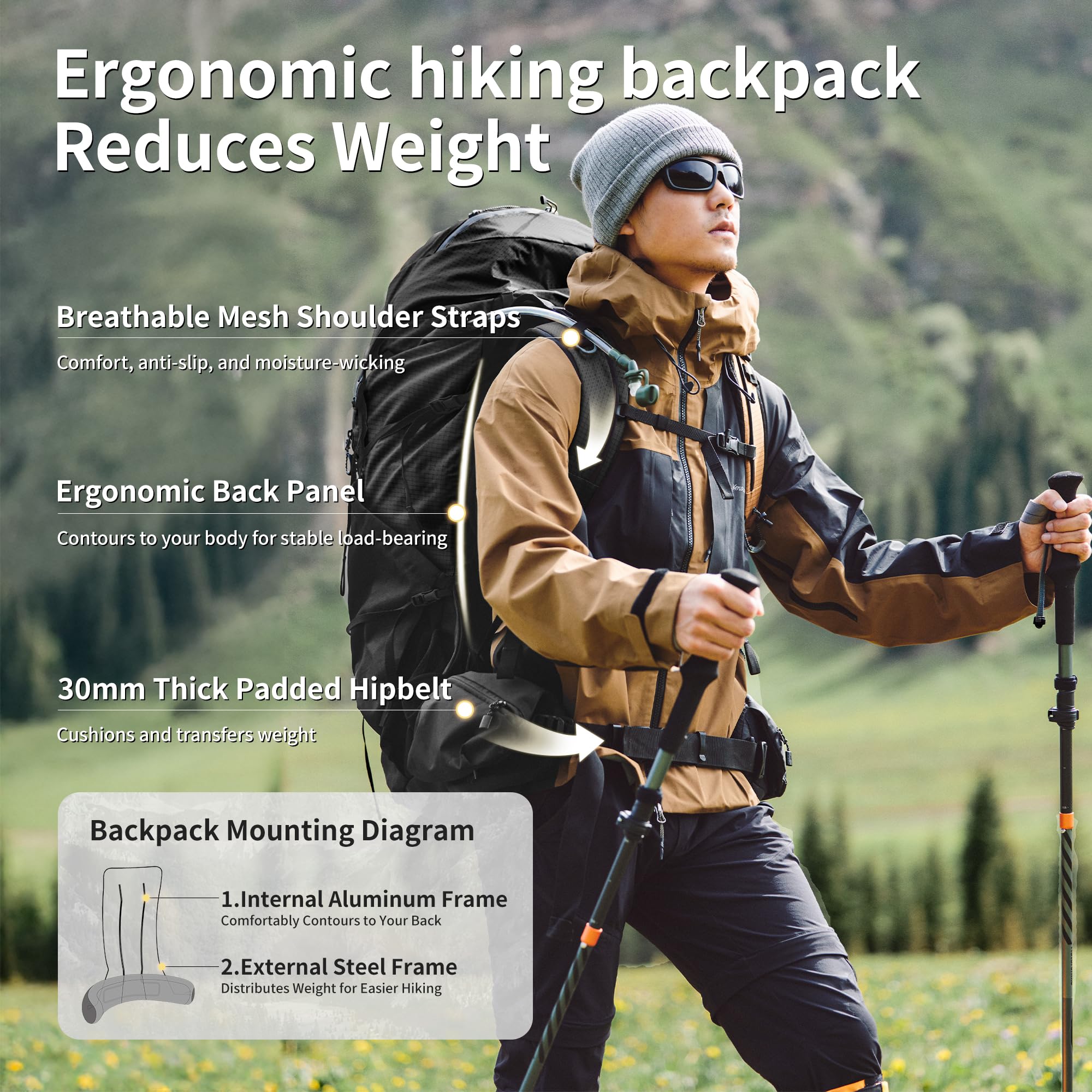 Naturehike Plecak turystyczny 25 l/35 l/70 l, dla mężczyzn i kobiet, wodoszczelny, trekkingowy, na kemping, podróż, plecak, Czarny/70l/M, M, do zastosowania na zewnątrz