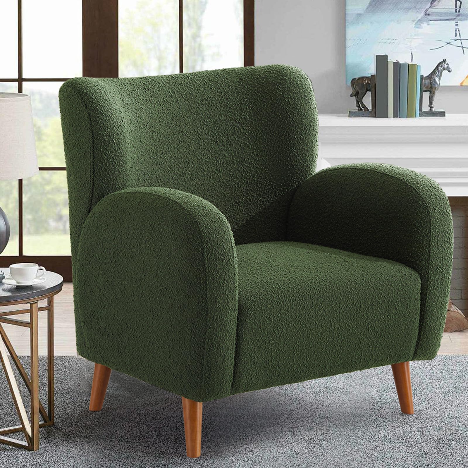CDCASAOversized Accent Chair, Boucle Fabric Modern Armchair for Living Room, Comfy Upholstered Accent Chairs Single Sofa Chair for Bedroom, Green