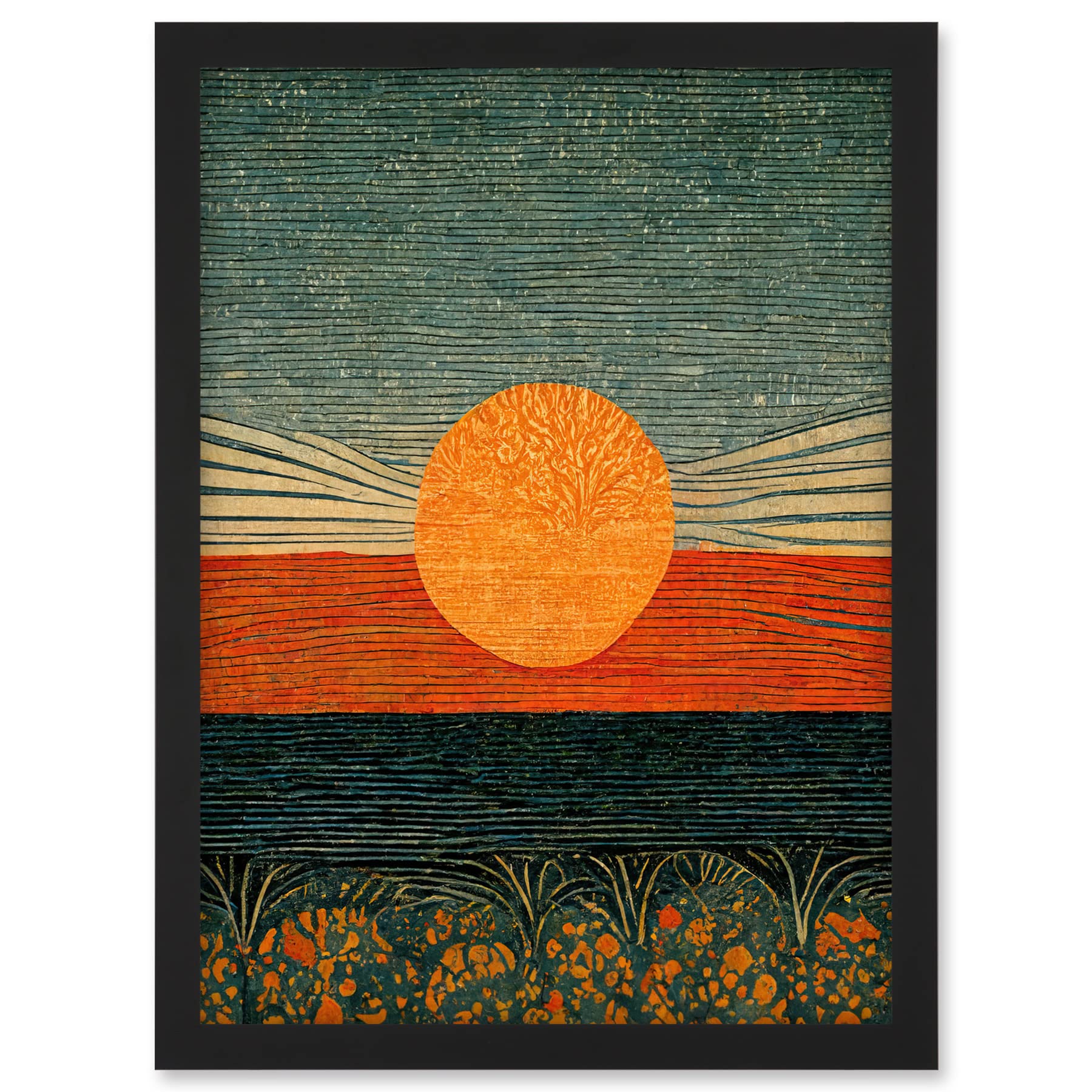 Doppelganger33 LTD William Morris Style Sunrise Over Sea Abstract Artwork Framed A3 Wall Art Print
