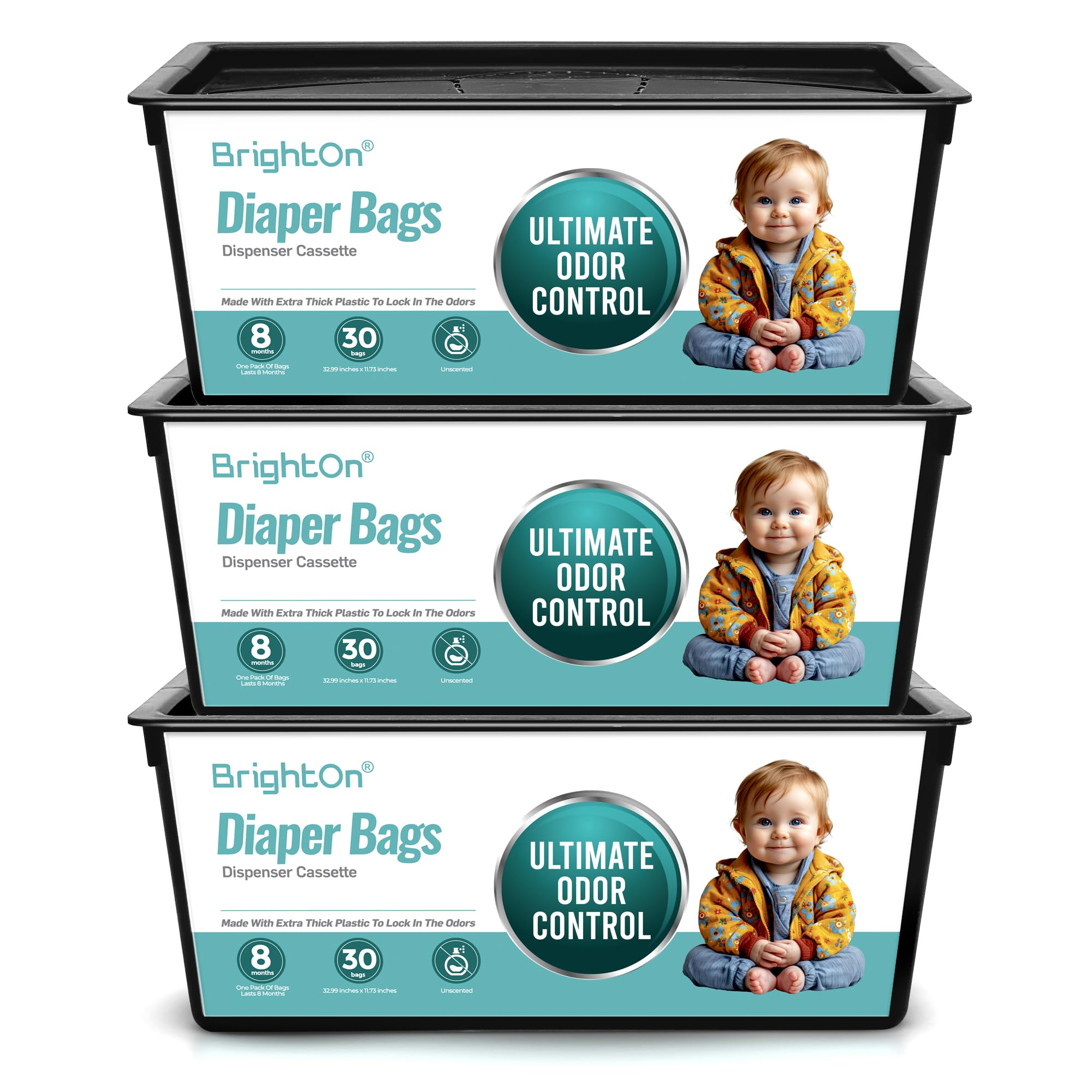 BrightOn Sacchetti di ricarica per secchio per pannolini compatibili con sacchetti Genie Easy Roll Signature, confezione da 3 (90 sacchetti) (senza profumo)