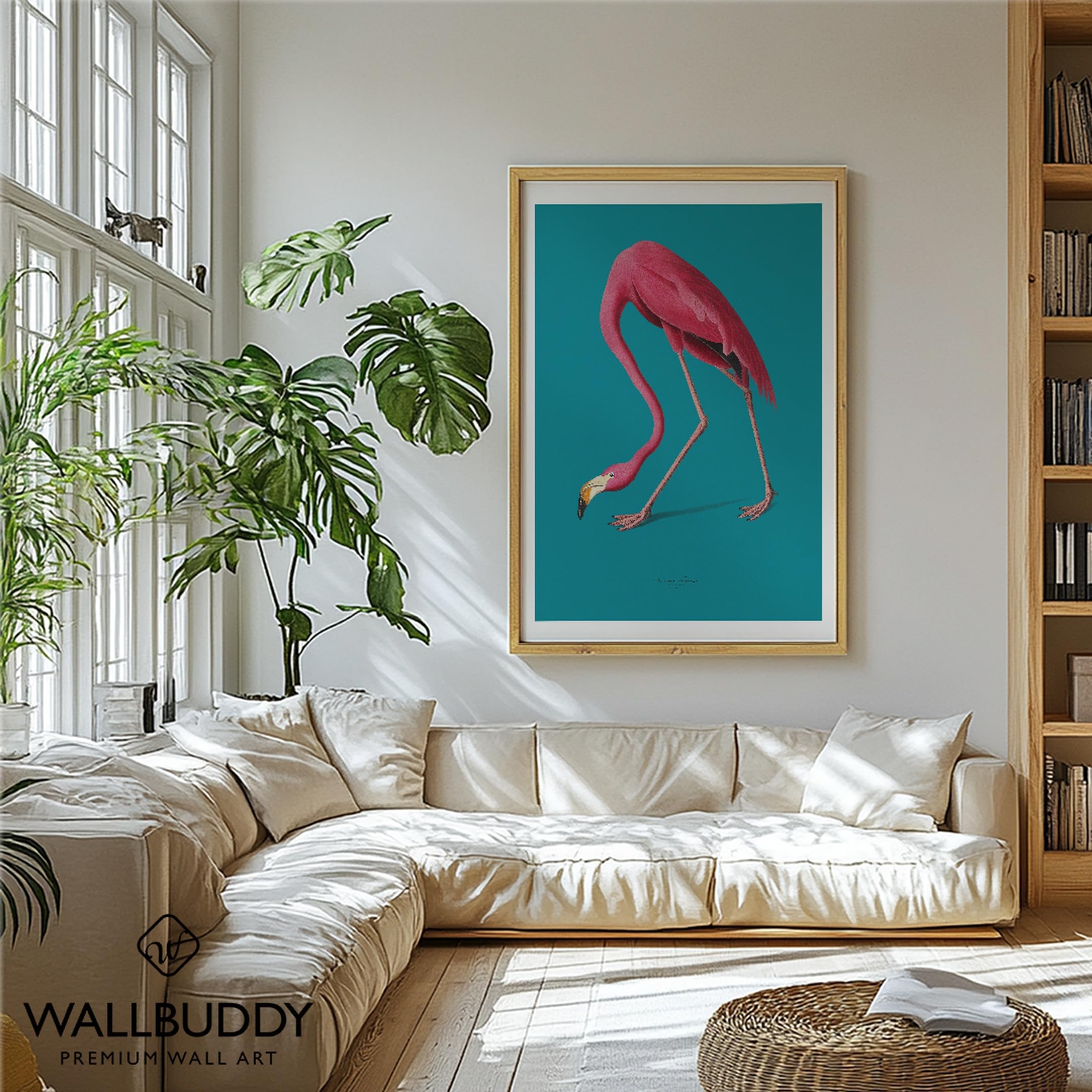 WallBUddy Flamingo Illustration Wandkunst Druck (30 x 40 cm, Eichenrahmen)