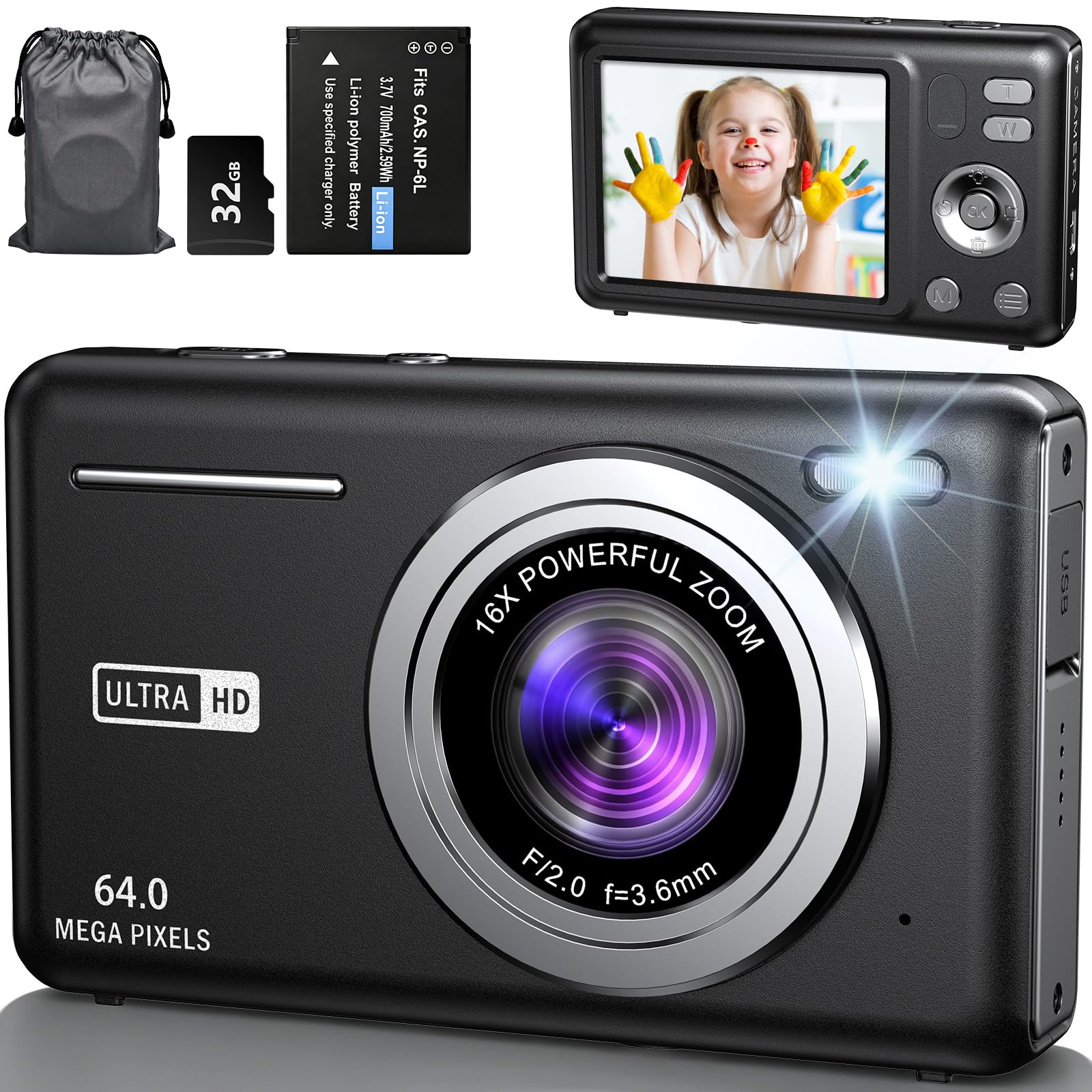 Cámara de Fotos 64MP 4K Cámara Digital Compacta con Zoom 16X 2,8" LCD Compacta Portátil Cámara con Tarjeta 32GB para Niños Principiantes Adulto (Negro)
