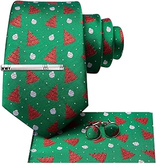 Hi-Tie Christmas Tie Set Silk Red Blue Green XMS Necktie and Clip Pin Pocket Square Cufflinks Set