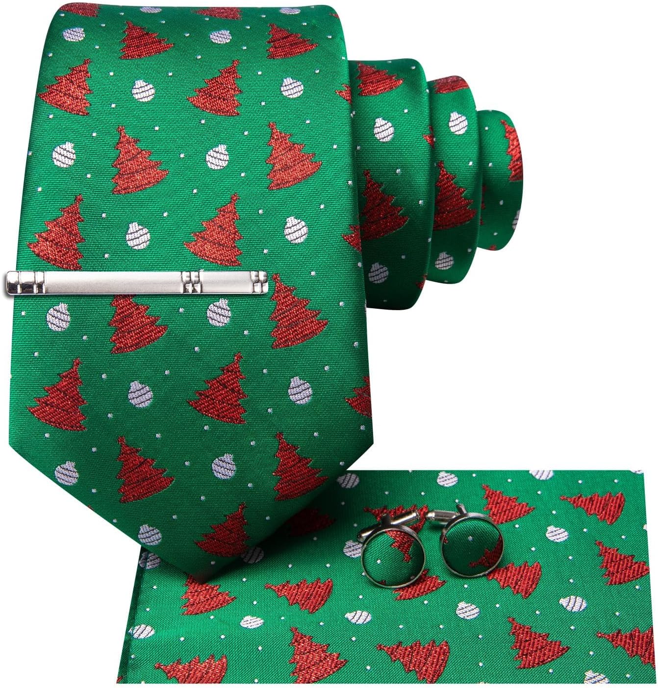Hi-Tie Christmas Tie Set Silk Red Blue Green XMS Necktie and Clip Pin Pocket Square Cufflinks Set