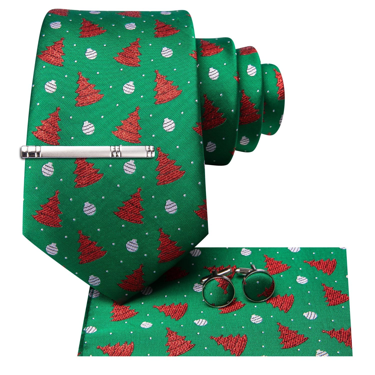 Hi-Tie Christmas Tie Set Silk Red Blue Green XMS Necktie and Clip Pin Pocket Square Cufflinks Set
