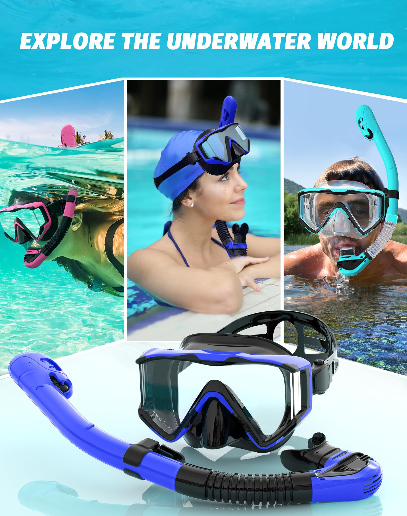 Juego de esnórquel para adultos, máscara de esnórquel con vista panorámica de 3 ventanas, antivaho, máscara de buceo a prueba de fugas con bolsa de malla, máscara de parte superior seca y