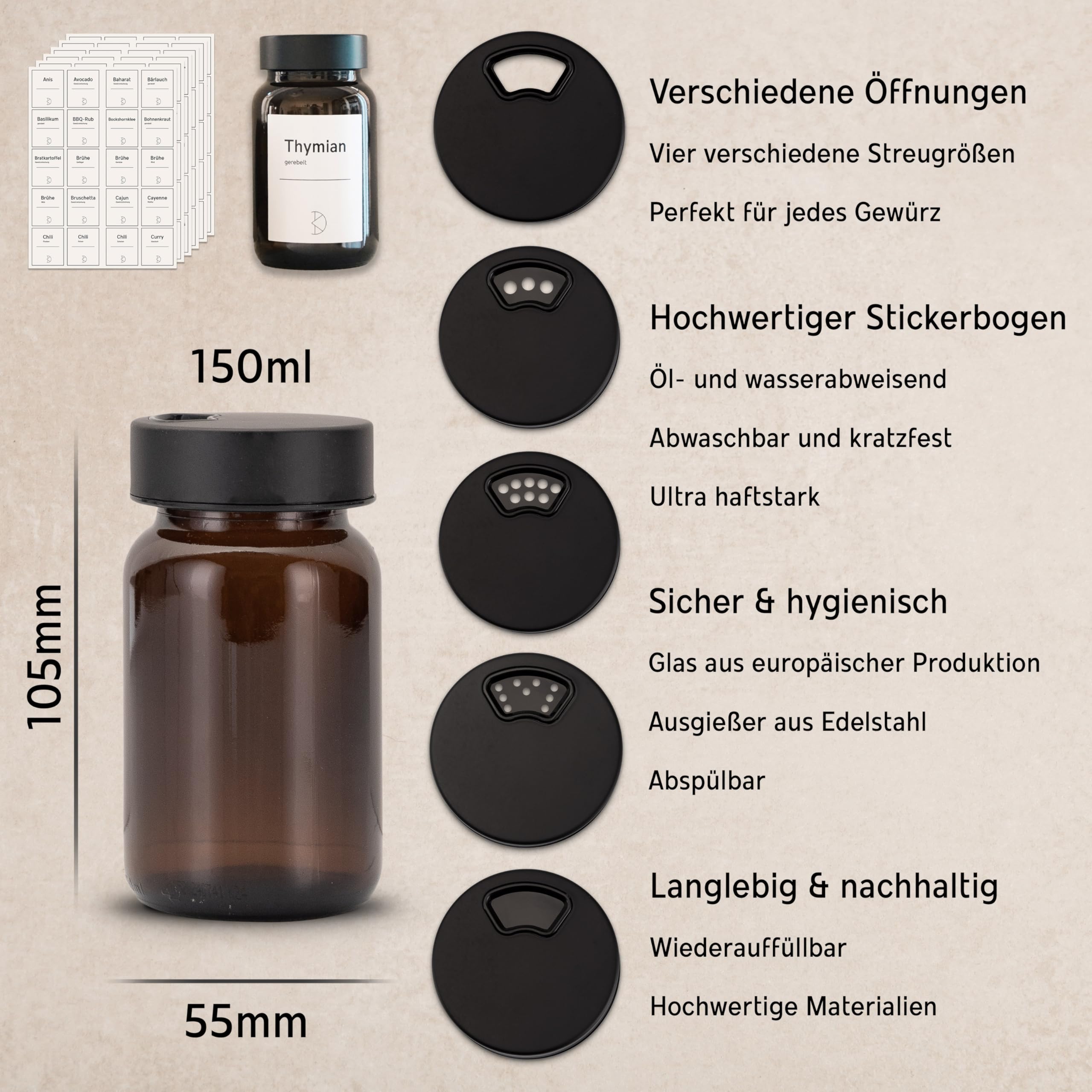 12 Stück Gewürzgläser – Premium Gewürzglas aus Braunglas | Gewürzstreuer Set | Gewürzdosen mit Deckel und UV-Schutz | Gewürzbehälter mit Edelstahl-Streudeckel, 150ml
