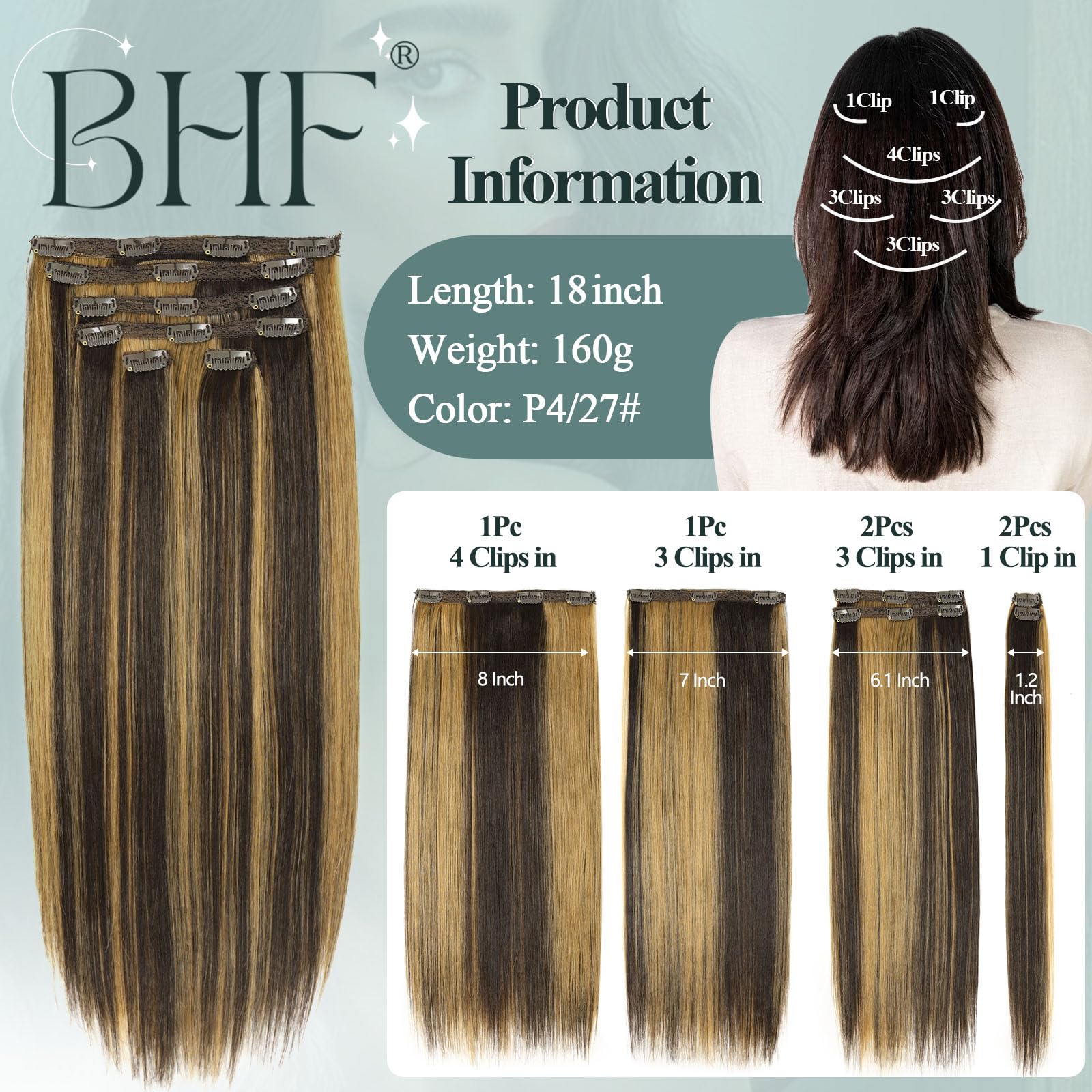 BHF 4/27 Hair Extensions Clip in -18 Long Straight Hair Extension Medium Brown with Caramel Blonde Highlight Clip In Hair Extension Synthetic Natural Hair Pieces for Women - Image 2