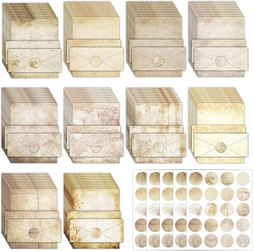 Juego de 250 sobres y papel de papelería (100 papel de escritura para computadora, 50 sobres), 100 calcomanías de puntos redondos, 10 diseños para