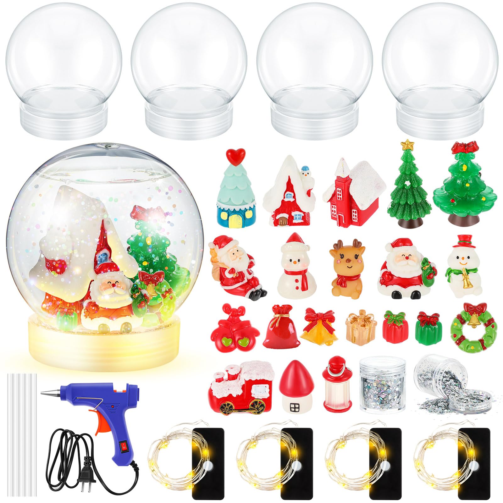 Qunclay Christmas LED Clear Plastic Snow Globes Kit Christmas Tree Santa Claus Snowman Gift Sequins with Glue Gun for Family DIY Lighted Snow Globes Crafts Making Xmas Home Decoration