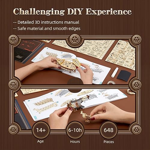 Miniatura 4 de Rompecabezas de madera LED 3D modelo de dirigible de fantasía - Kit de manualidades Steampunk DIY con luces LED - Intrincado modelo de dirigible de