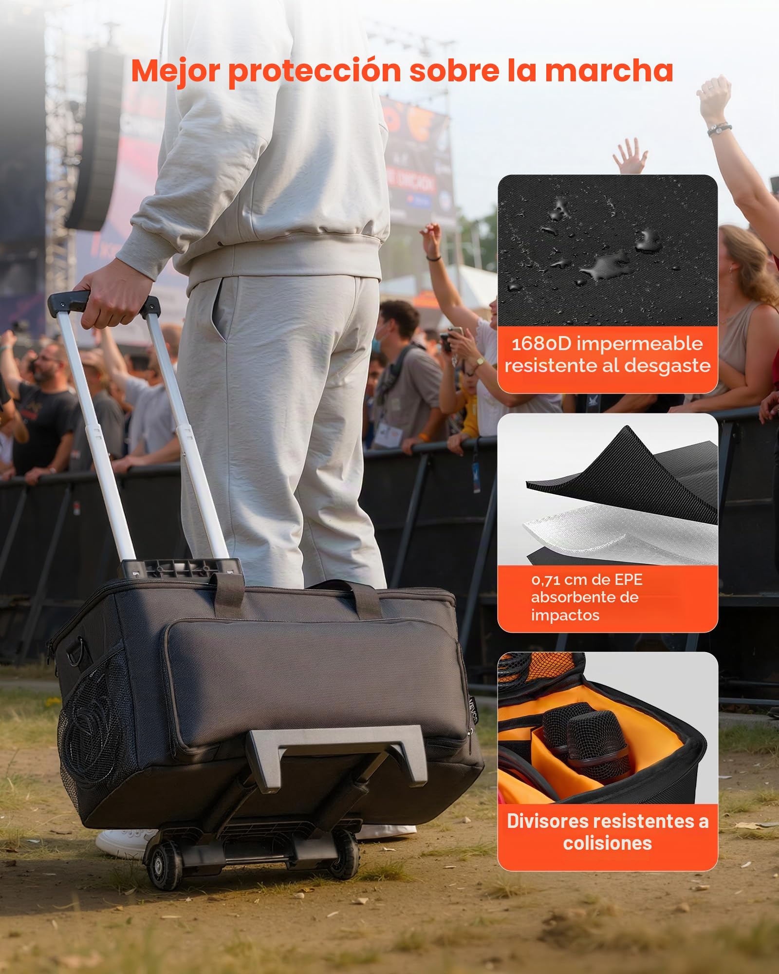 VEVOR Bolsa para DJ con Ruedas 50 x 24 x 26 cm, Bolsa de Viaje para Cables 1680D Acolchada con 6 Divisores Desmontables, Impermeable, Resistente al Desgaste para Accesorios Equipos de Sonido Músicos