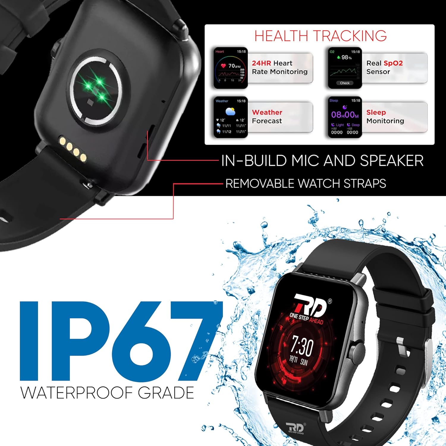 RD X-12 Smart Watch showing health tracking features including heart rate, SpO2, weather, and sleep monitoring