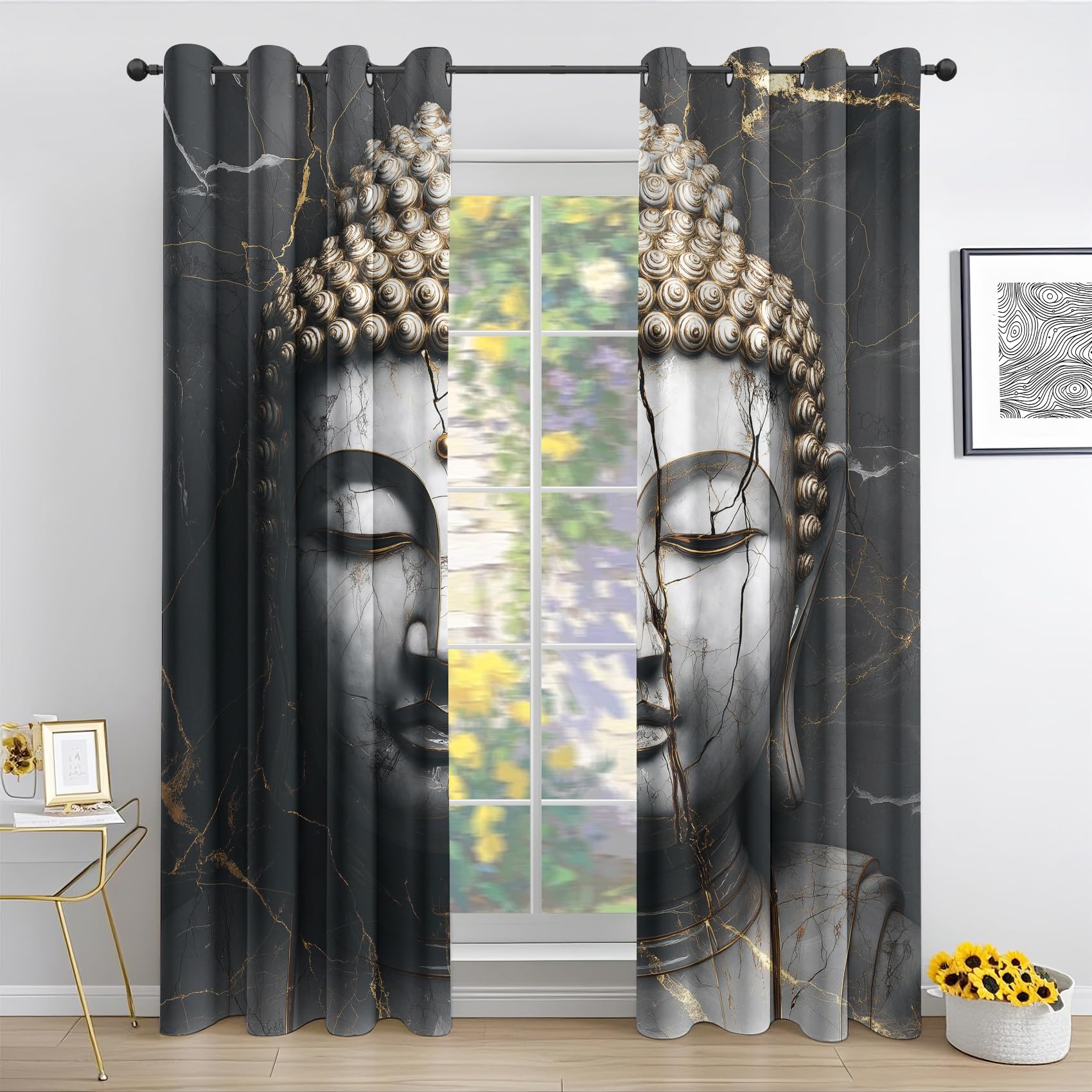 Schwarz Gold Marmor Buddha-Statue Vorhänge Orientalisch Meditation Blickdicht Vorhang, Thermo Gardinen mit Ösen Verdunklungsvorhänge für Wohnzimmer Schlafzimmer Fenster Deko 2er Set 200x140 cm
