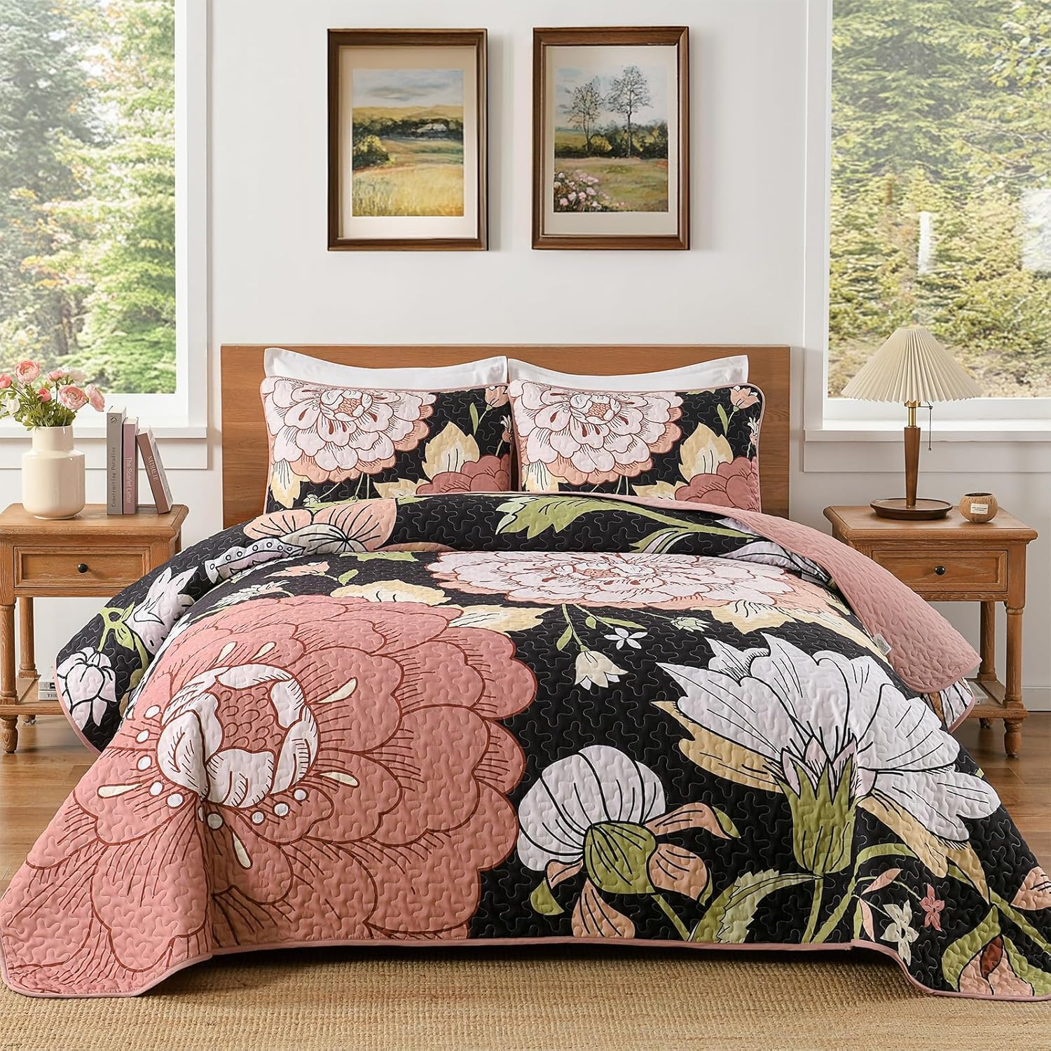 DJY Black Quilt Set King Size 3 Pieces Floral Boho Bedspread Coverlet Set, Soft Microfiber Black Pink Farmhouse Floral Quilted Bedding Set Reversible Bed Cover for All Season, 110''x90''