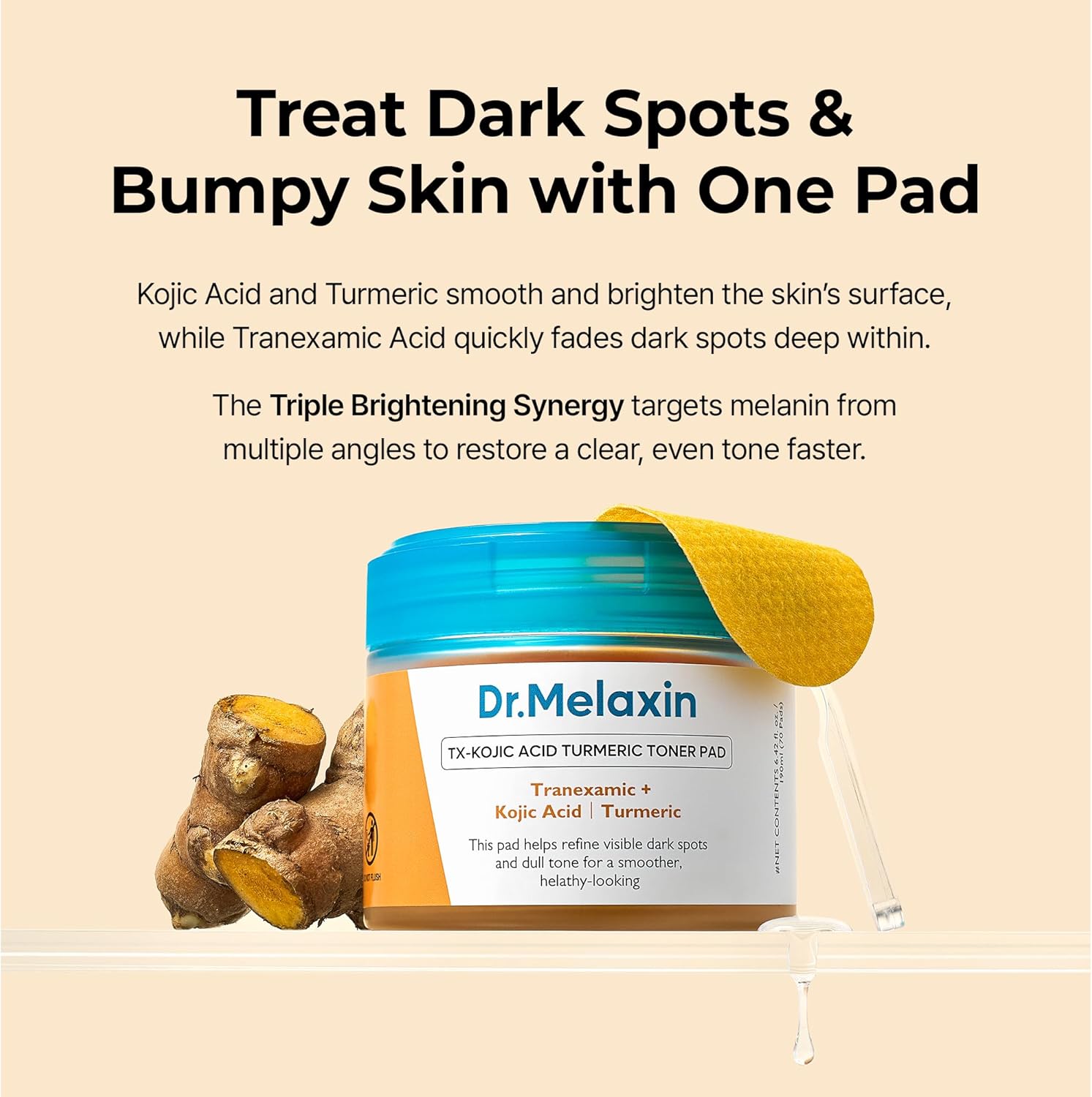 Dr.Melaxin TX Kojic Acid Turmeric Toner Pads, 70 Sheets, Tranexamic Acid, Termeric, Beautiful Skin, Brightening Toner Pad, Pigmentation, Keratin, Korean Skin Care, Korean Cosmetics