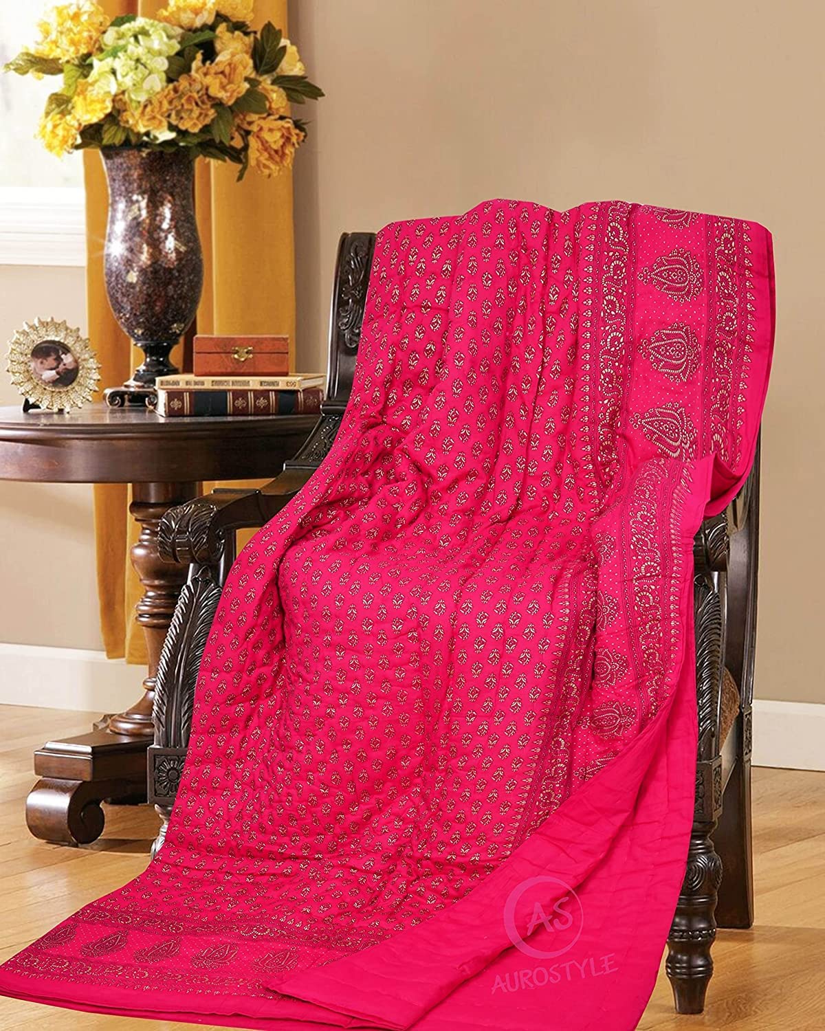 Original Pure Cotton Jaipuri Razai Comforter - Breathable Lightweight AC Quilt for Summer and Winter Bedding - Throw Bed Blanket Double Bed (Pink Golden) (Size 85 X 100 Inch)-image-42