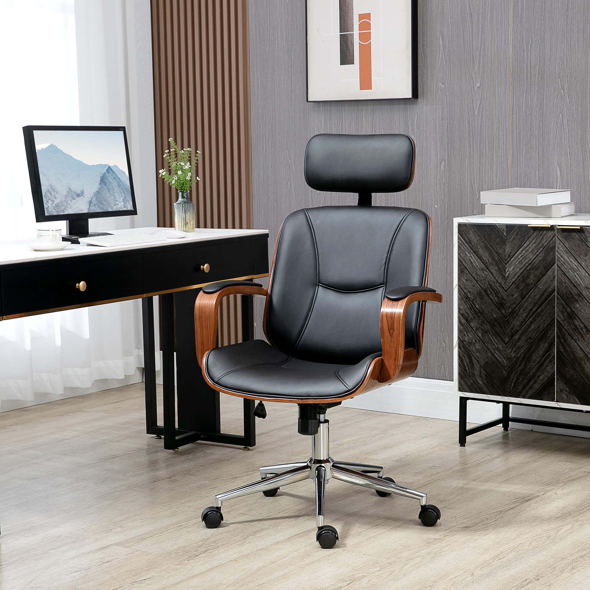 Vinsetto Silla de Oficina Ergonómica Silla de Escritorio Giratoria de Cuero PU con Reposacabezas Extraíble Altura Ajustable y Función de Inclinación 63x62x110-120 cm Negro
