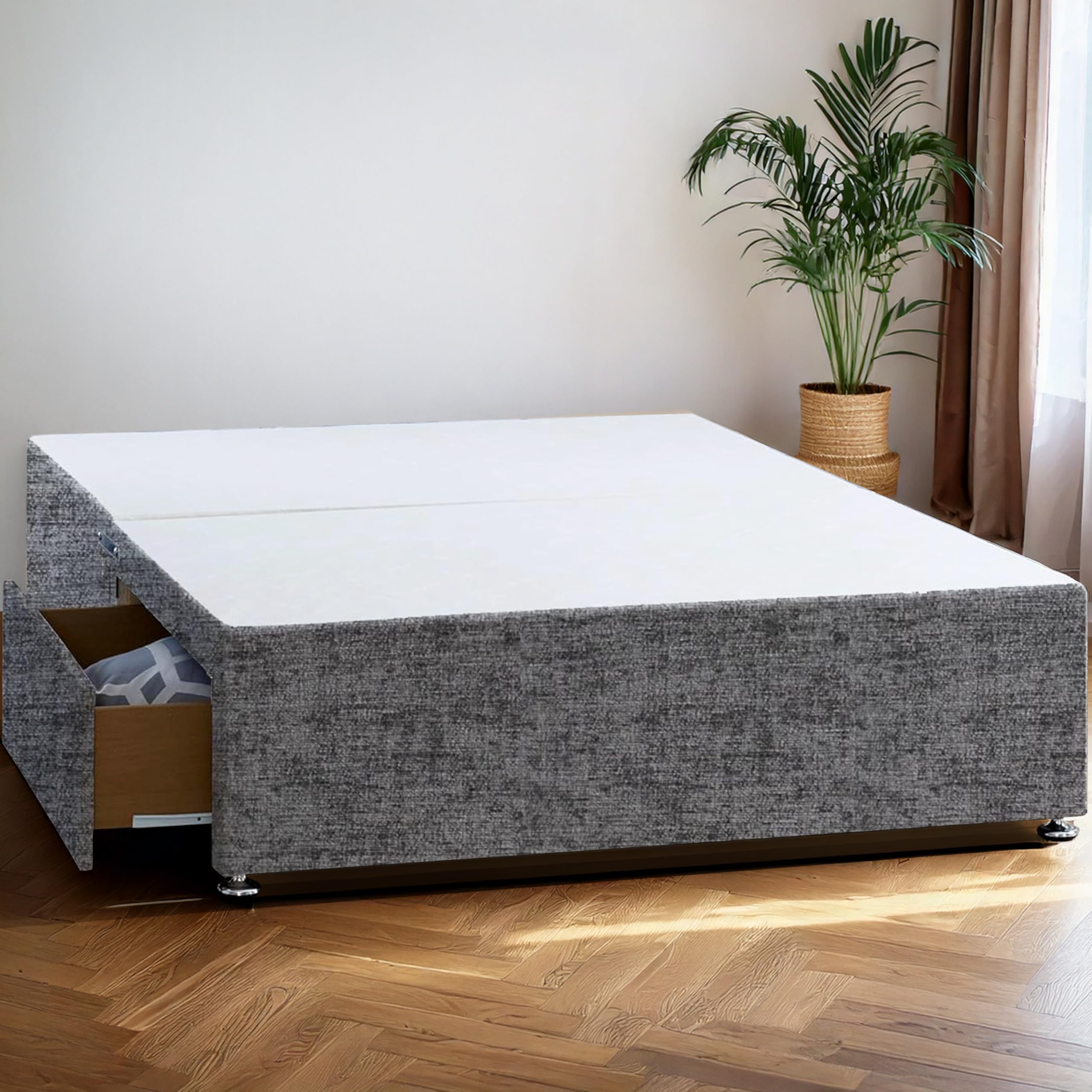 ComfoRest, Bedding & Upholstery Innovation Leader Comfort24 3FT Divan Single Bed Base with Drawers in Chenille Fabric (2 Drawers + 3FT Single Divan Bed Base Only, No Headboard), Silver