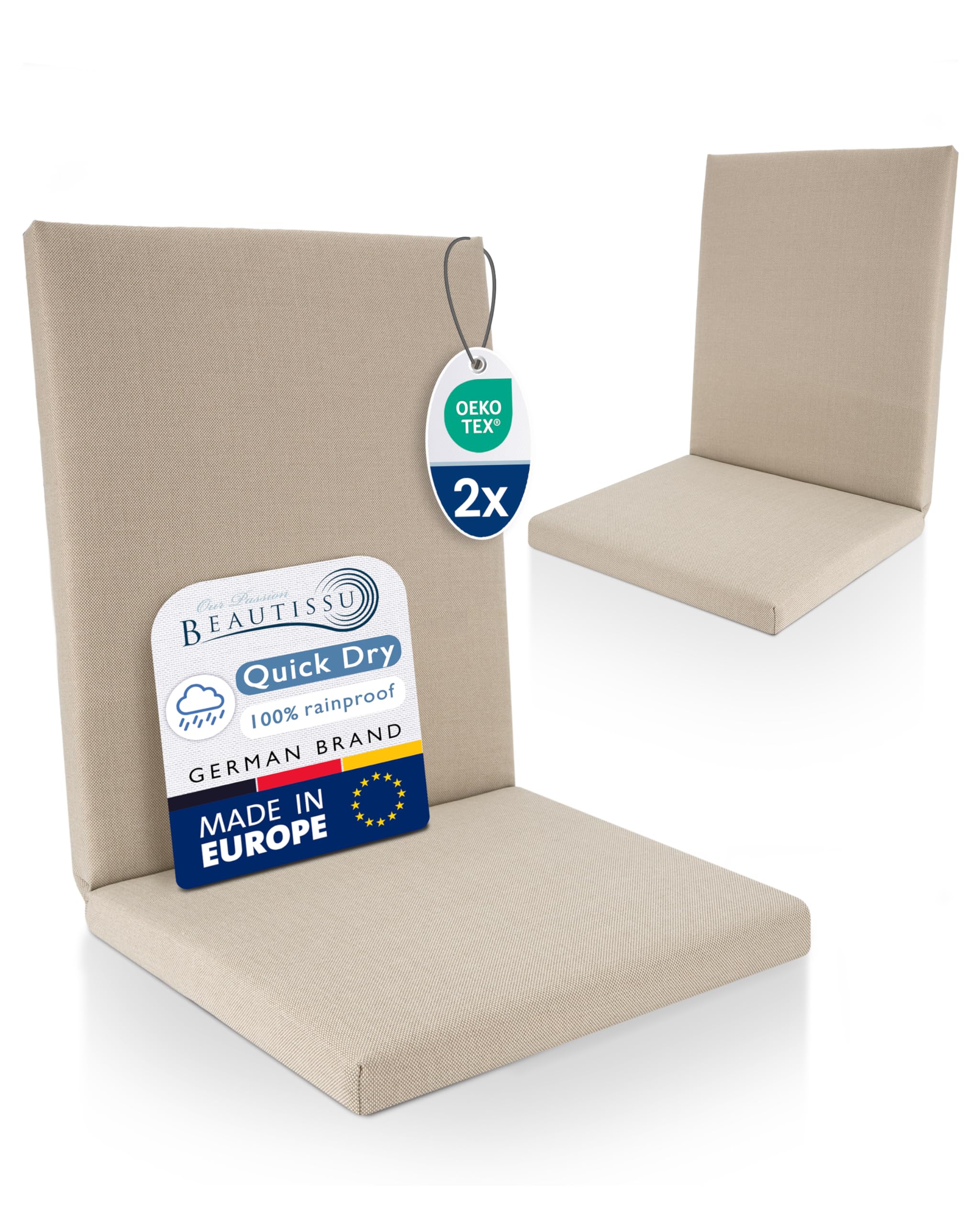 Beautissu Set of 2 Premium Low Back Garden Chair Cushions 100% Waterproof Seat Cushions Outdoor 100x50cm - UV Resistant Comfortable Easy Care - Quick Dry Patio Furniture Cushion Beige