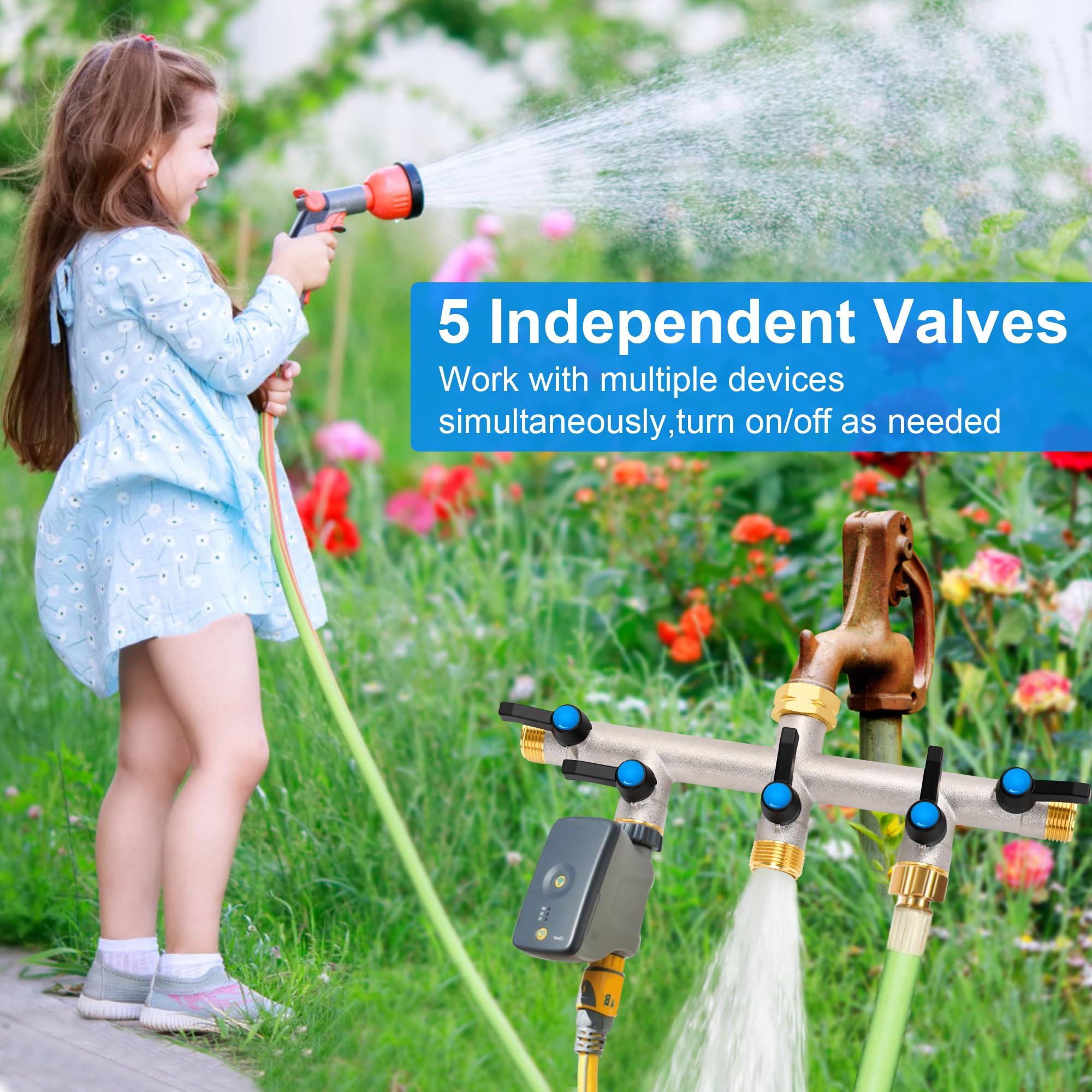 Distributore a 5 vie [Grande flusso], 3/4 pollici, distributore d'acqua in ottone nichelato, manico in metallo allungato, uscita più grande per un'irrigazione più efficiente del giardino