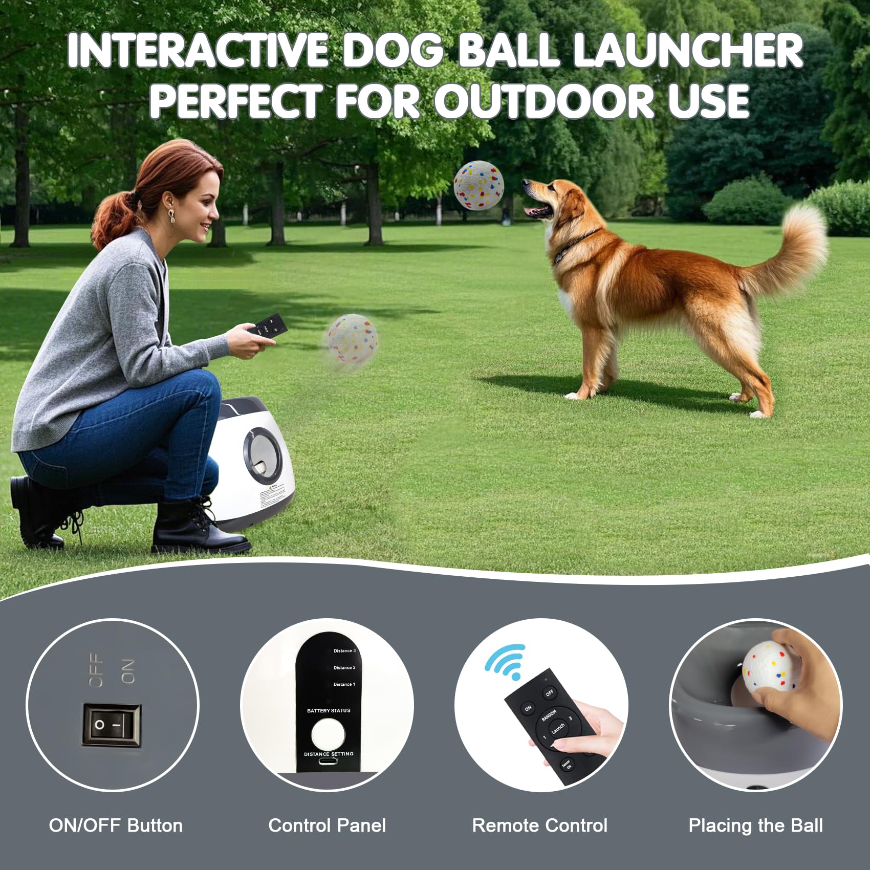 MEKAPLE Lanceur automatique de balles pour chien, lanceur de balles interactif amélioré pour chien avec 3 distances, 8,6 à 20,6 m, lanceur de balles télécommandées pour chiens de taille moyenne et
