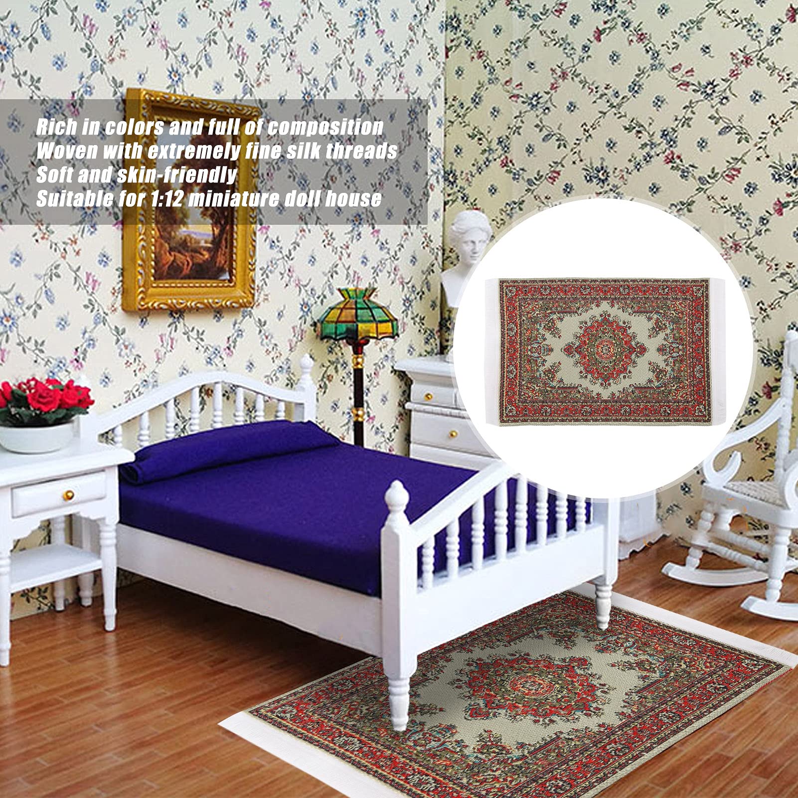 Dollhouse Carpet, Doll House Decoration 1:12 Miniature Rug Dollhouse Decoration Portable for Bedroom(Floral) - Image 2