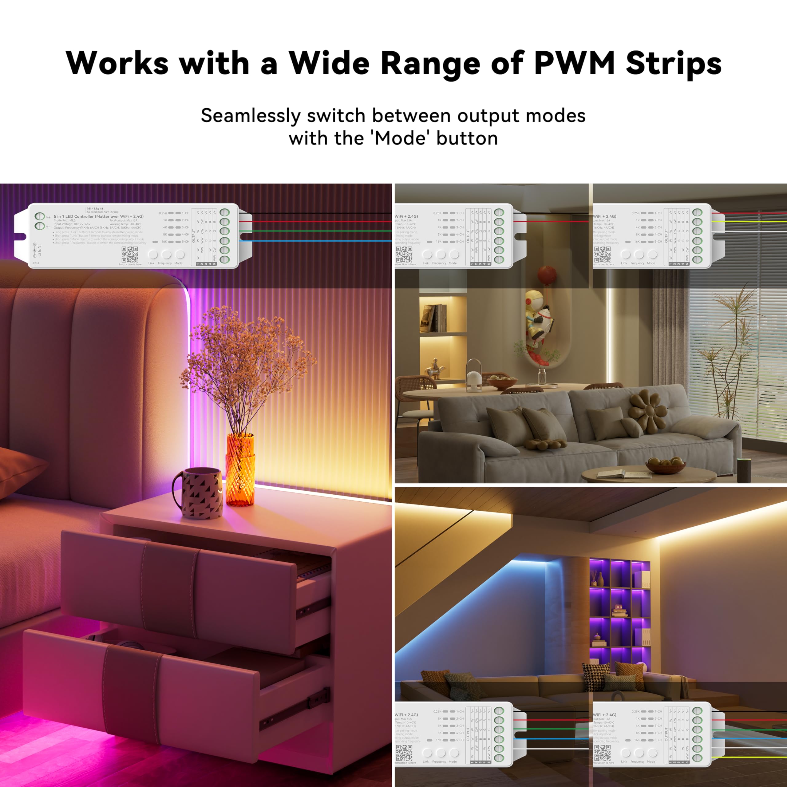 MIWISE Matter LED Controller,Controlador WiFi dimmable para luz de tira led,Compatible con Alexa/Google/Apple Home/Siri,para luz de tira led de color único/CCT/RGB/RGBCCT/RGBW COB,DC12-48V