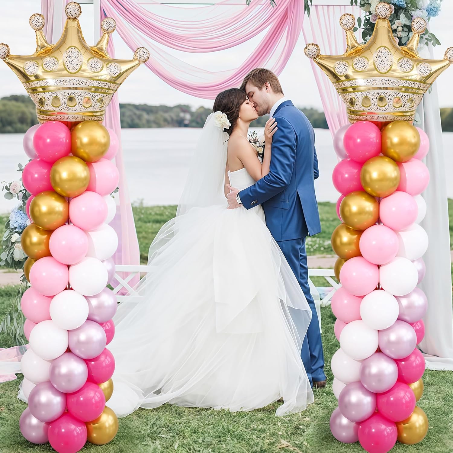 Princess Pink and White Gold Balloon Column Stand Kit Set of 2 for Floor Princess Birthday Party Balloon Arch Kit with 125PCS Hot Pink White Gold Balloon Towers for Girl Birthday Party Decorations