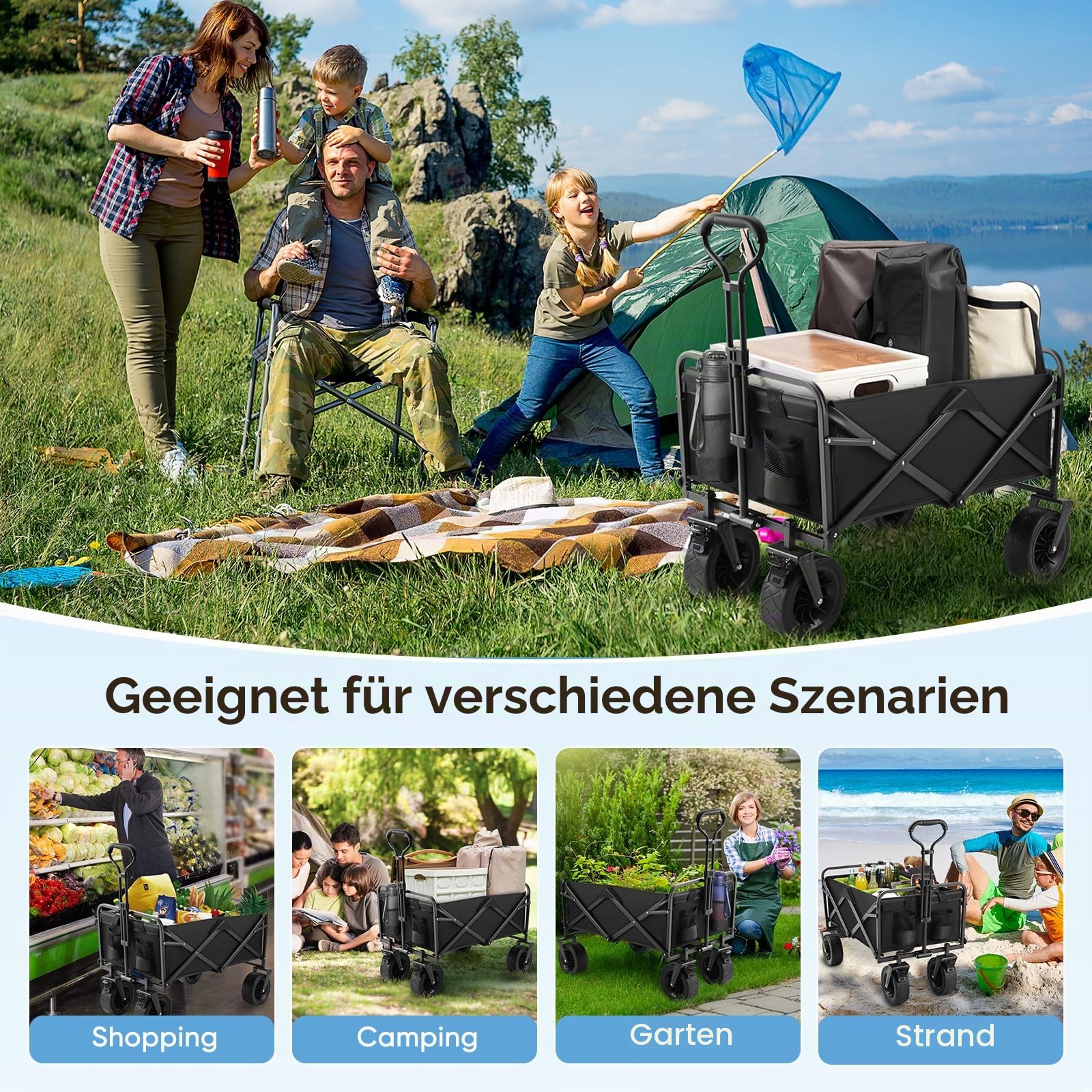 Bollerwagen faltbar Handwagen mit Getränkehalter 100L 100KG Transportwagen Gartenwagen Strandwagen für Alle Gelände Draussen Einkaufen für Geländetauglich mit Bremsen