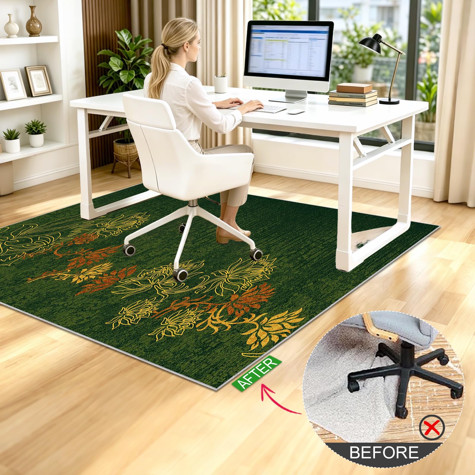 Tappeto Sedia Ufficio Gaming, Tappeto Salvapavimento Antiscivolo Protettore del Pavimento Tappetino per Sedia da Ufficio con Ruote per Parquet, Tappeto per Sedia con Ruote Deco Verde 90x130cm