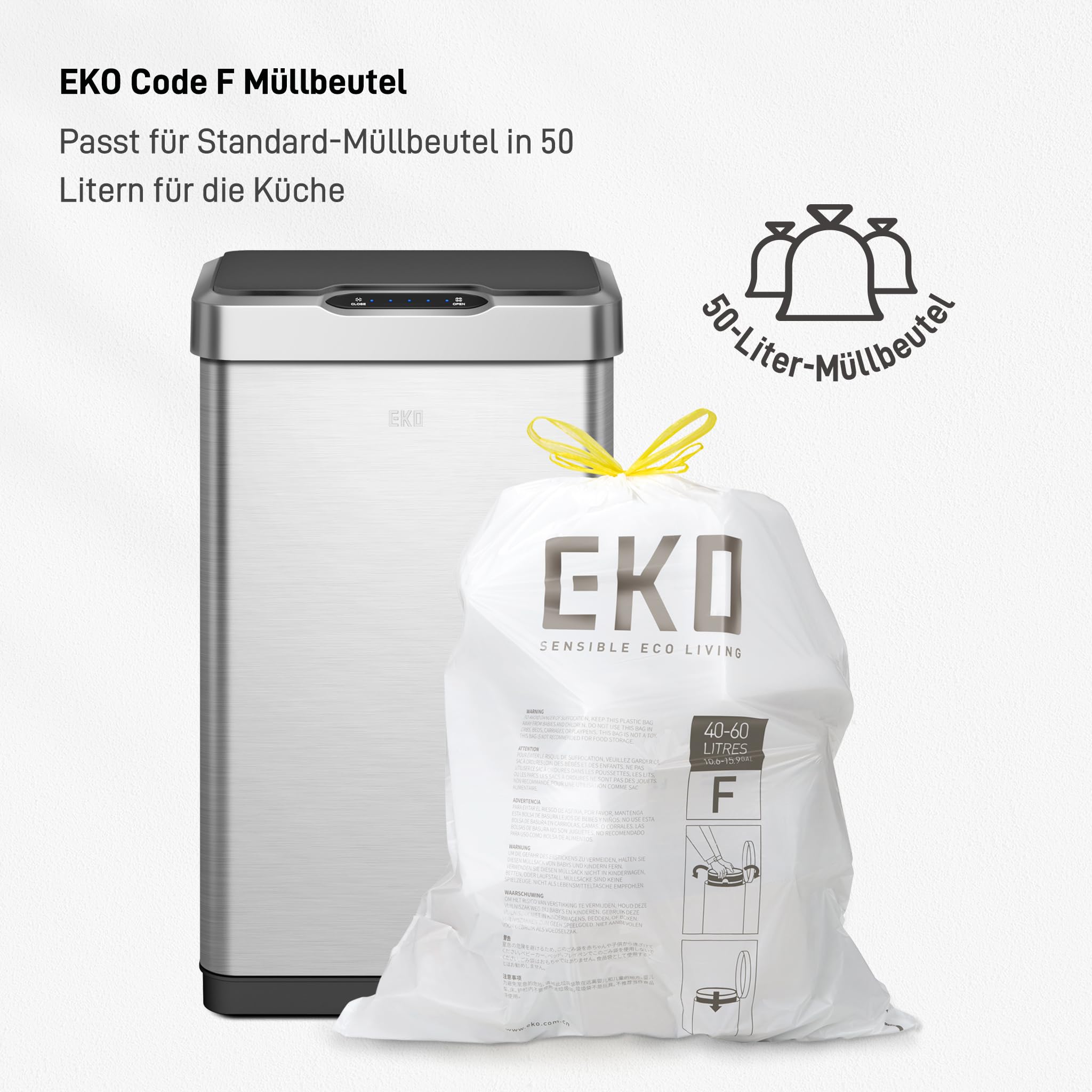 EKO Mirage-T 50L Mülleimer mit Sensor, Automatischer Abfalleimer für die Küche, Rechteckiger Bewegungssensor Mülleimer, Sanft Schließend mit Deckel, Fingerabdruckresistente, Gebürsteter Edelstahl