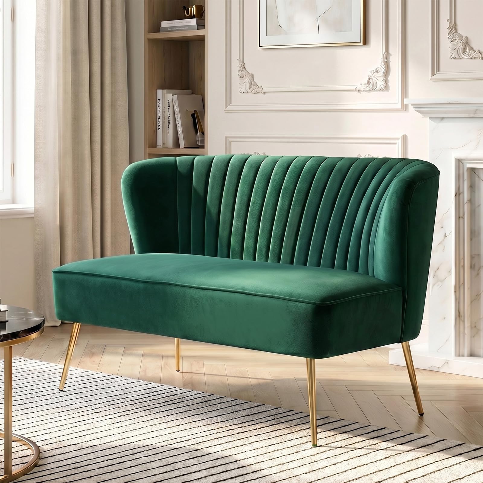HULALA HOME Velvet 2 Seater Sofa Upholstered Loveseat Couch with Metal Legs Armless Backrest for Living Room Bedroom Lounge, Green — image 1