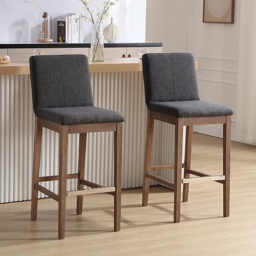 Miniatura 2 de chairus Juego de 2 taburetes de bar altos de tela, taburetes de bar tapizados de lino con patas y respaldo de madera maciza para cocina, isla de