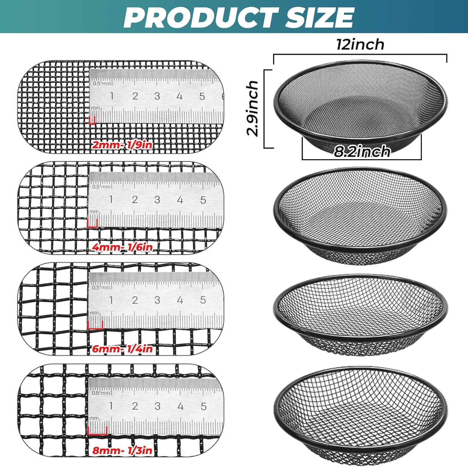 QwayHome 4Pcs Soil Sifter for Gardening, Heavy Duty Galvanized Steel Screen with 4 Aperture Sizes (2/4/6/8mm), Rust-Resistant Sifter Fits 5 Gallon Bucket for Compost, Dirt, Sand,Rock & Shell Sifting