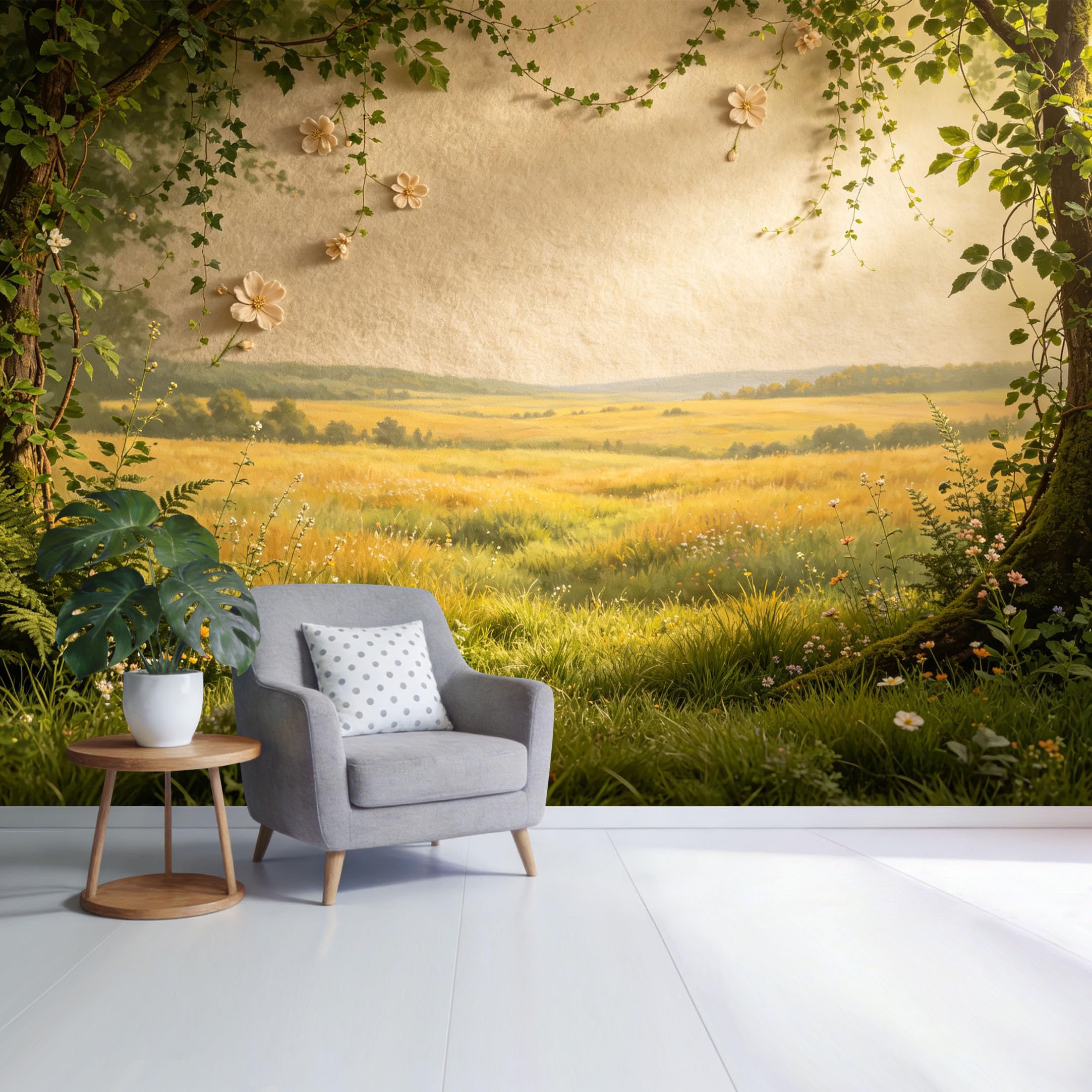 Custom Size Wall Mural Sunny Meadow Landscape Wildflower Field Forest Edge Botanical Nature View SelfAdhesive Wall Fabric Removable Wallpaper for Home Office Decor