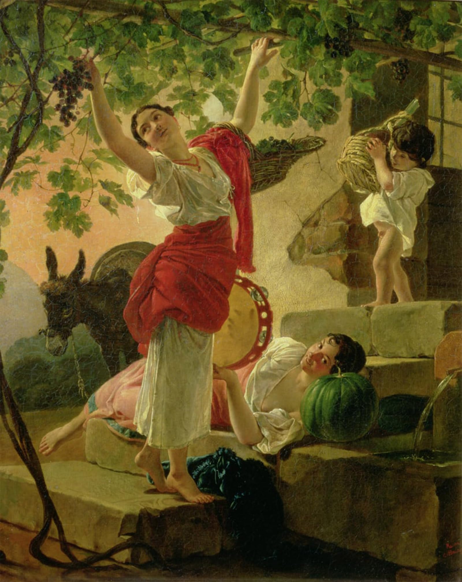 ARTXLXXBN Famous Painting Canvas Artwork Graffiti Print Girl Gathering Grapes Near Naples by Karl Pavlovich Bryullov Portrait Canvas Image for Home Decor 60x90cm