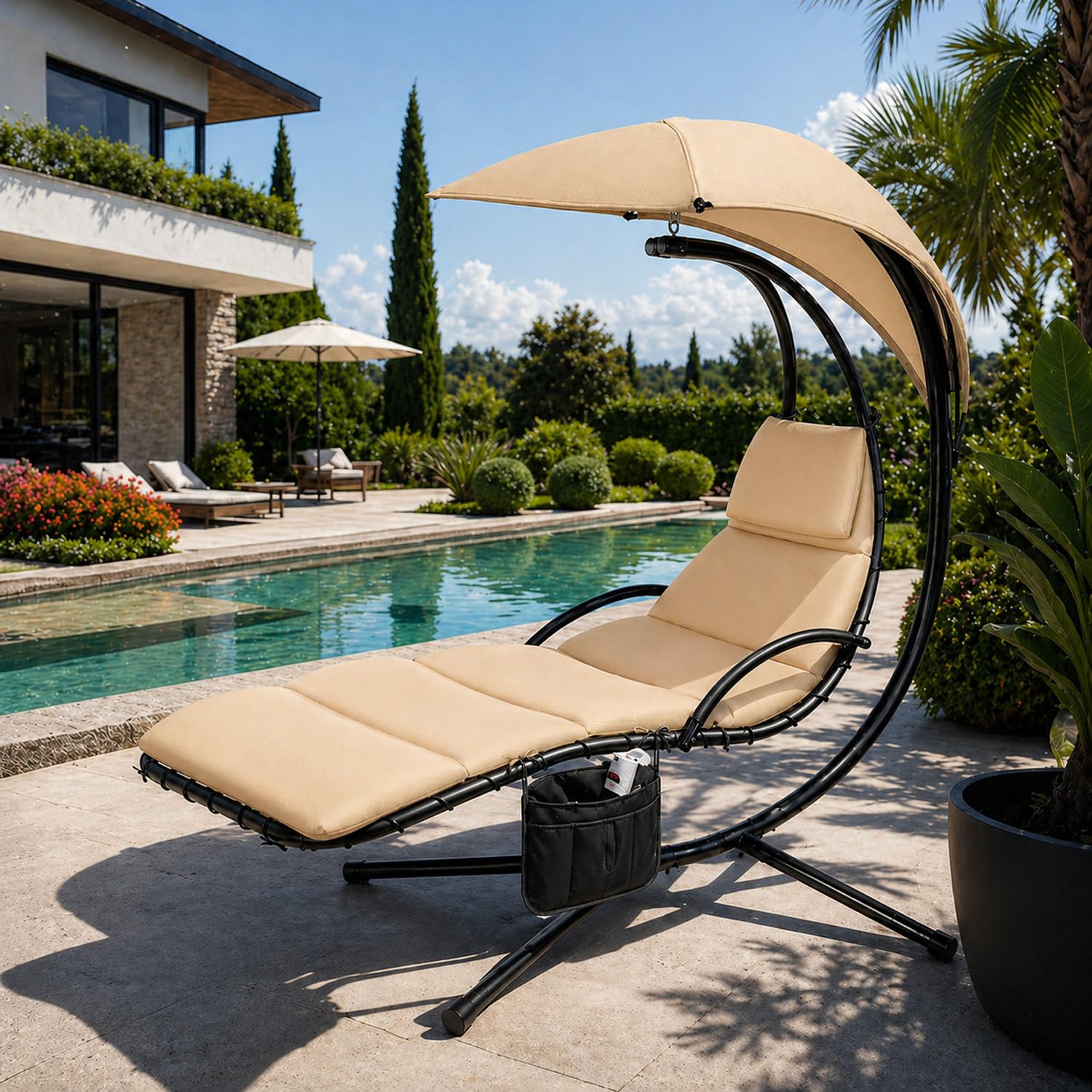 BRICOZONE Sdraio A Dondolo Con Ombrellone Parasole Integrato Cuscino Imbottito Amaca Da Giardino In Acciaio E Poliestere Per Esterno Terrazzo Bordo Piscina 195 x 132 x 197 Cm Beige