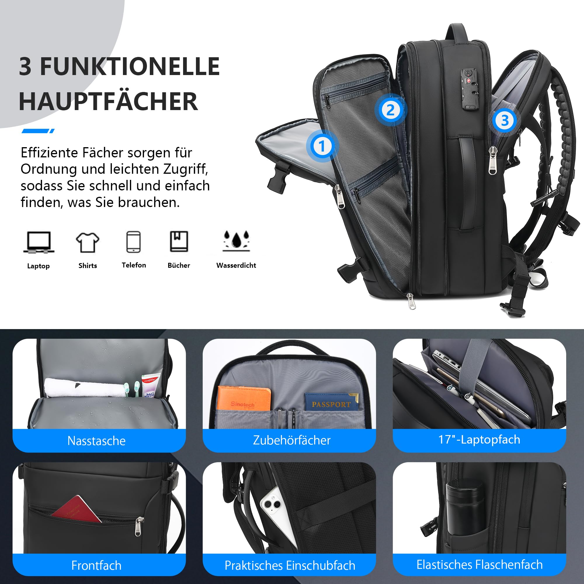 Zaino da viaggio sottovuoto, zaino espandibile a compressione sottovuoto da 60 litri, zaino impermeabile per laptop con lucchetto TSA e pompa a vuoto,nero