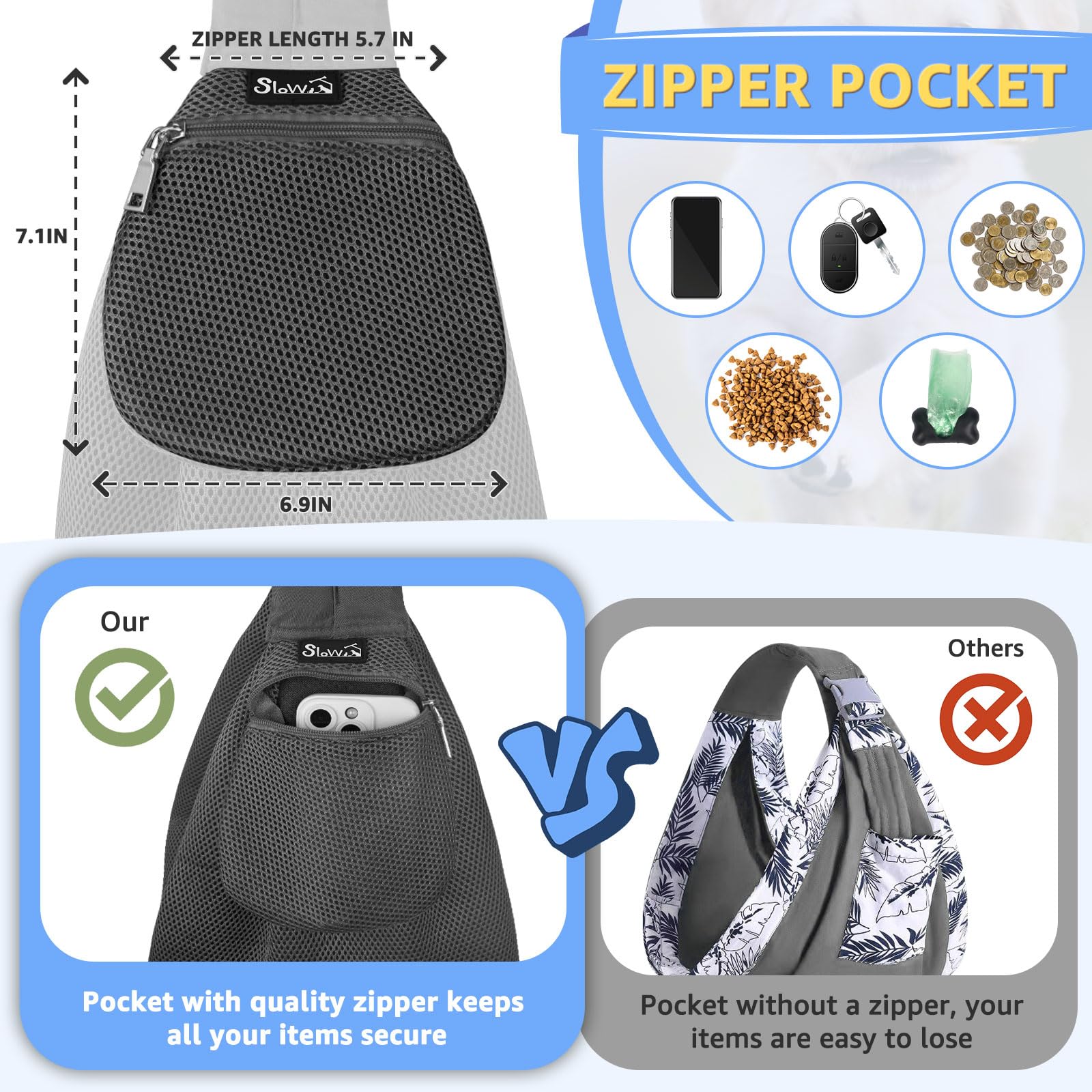 SlowTon Transportín para Perros, Correa Ajustable del Hombro para Perros Pequeños, Bolsa De Transporte para Perros, Porta Mascotas con Bolsillo Frontal con Cremallera, Cinturón De Seguridad