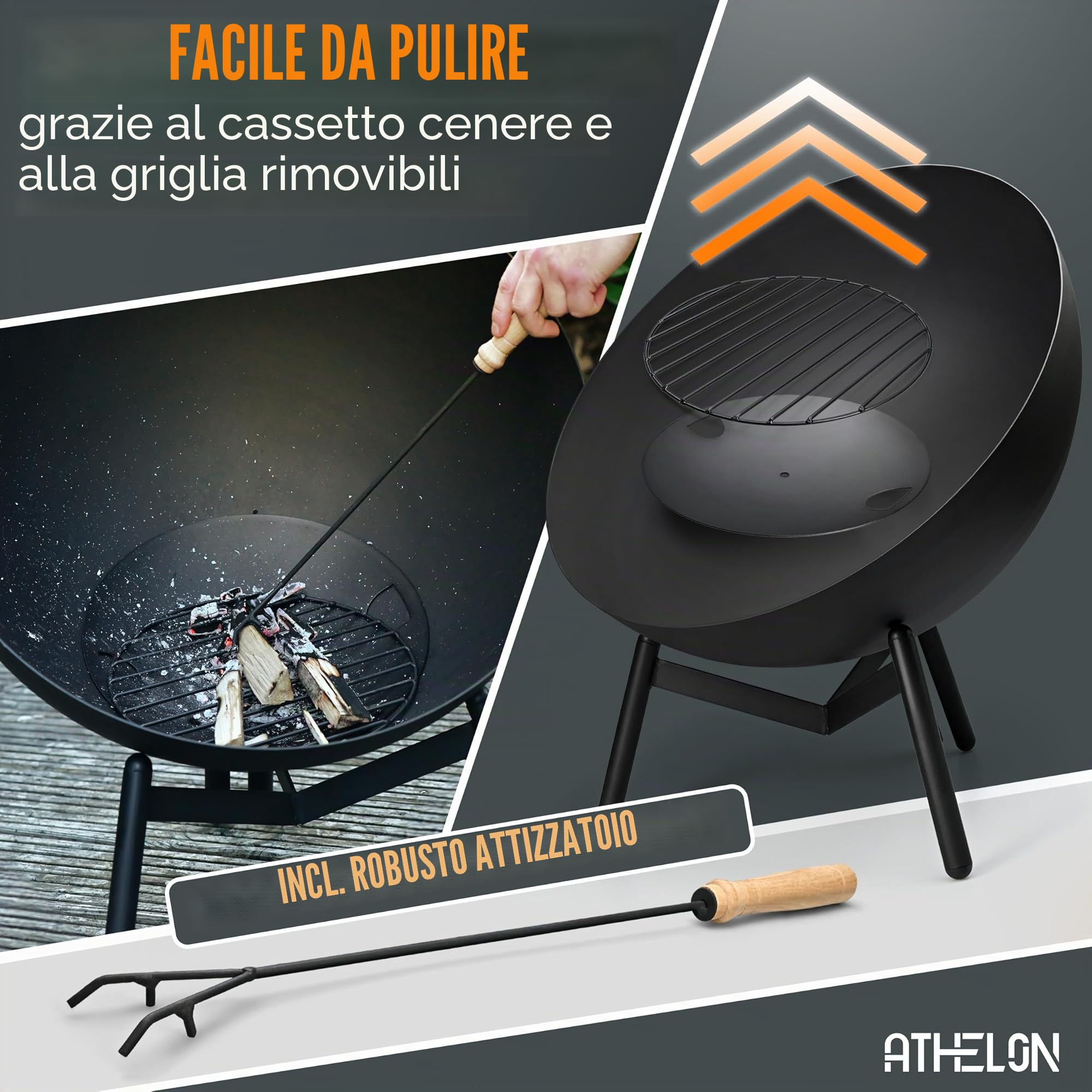 ATHELON® Braciere [Ø 60 cm] - Braciere da esterno resistente alle intemperie in acciaio per giardino, terrazzo e balcone [con meccanismo di ribaltamento] - incluso accessorio e copertura, nero