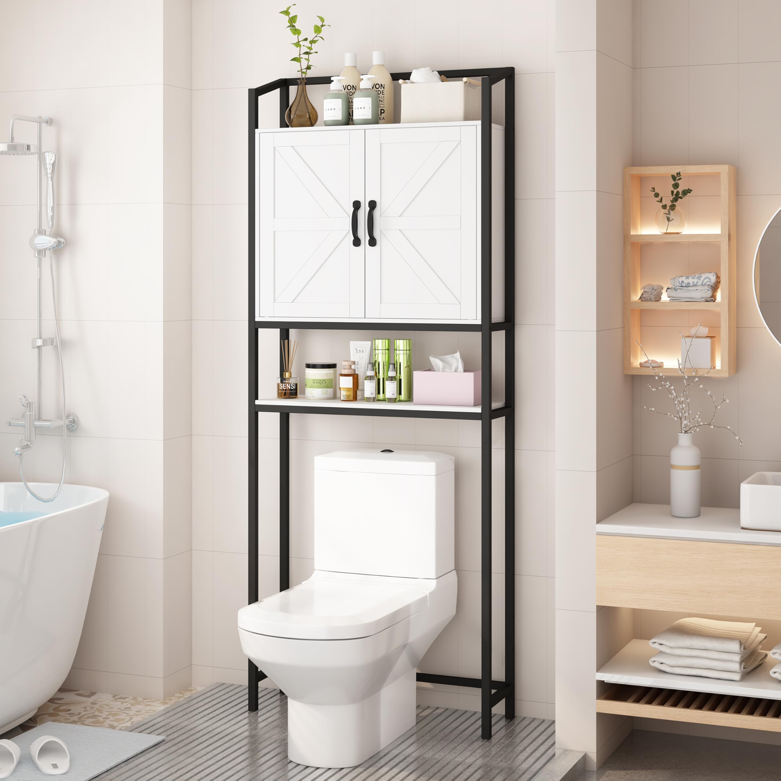 HAUXITIO Over The Toilet Storage Cabinet, Bathroom Above Toilet Cabinet Organizer with Doors and Adjustable Shelves, Bathroom Shelf Organizer, White