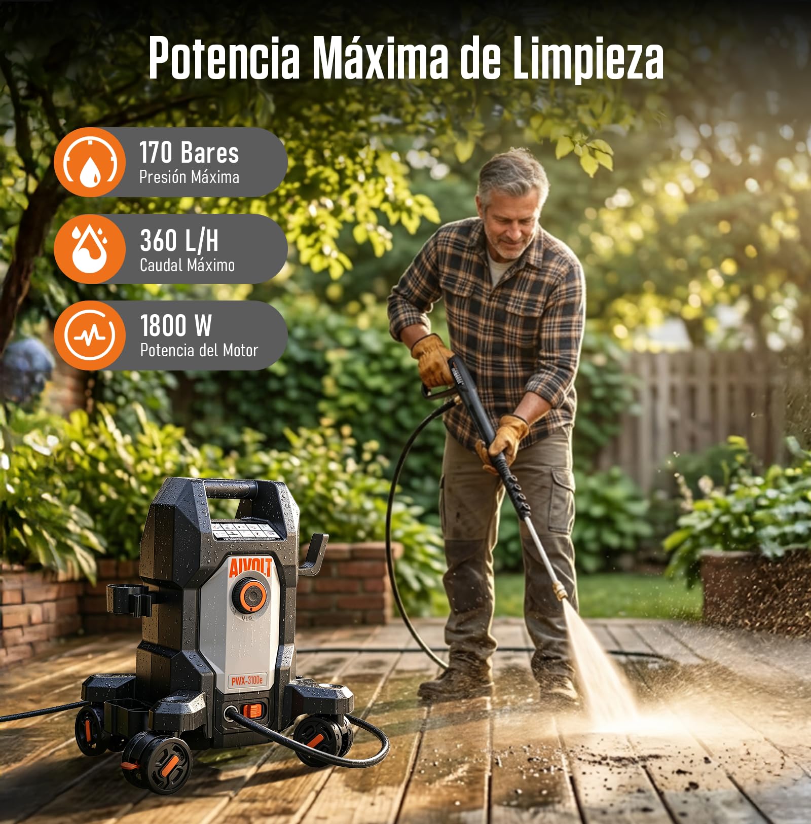 AIVOLT Hidrolimpiadora de Alta Presión 1800W, 170 Bares | con 5 Boquillas de Modos Diferentes y Manguera de 7,6 Metros, Caudal Máx 360 L/H, para Hogar, Suelo, Cristales y Coche ect.