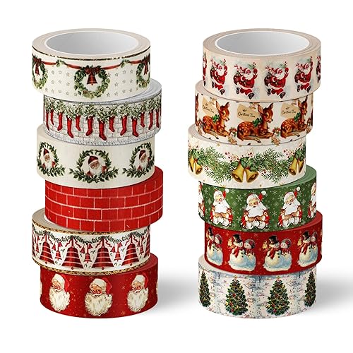 Whaline 12 rollos de cinta washi vintage de Navidad, Papá Noel, muñeco de nieve, campanas de árbol de Navidad, cinta adhesiva decorativa para regalo