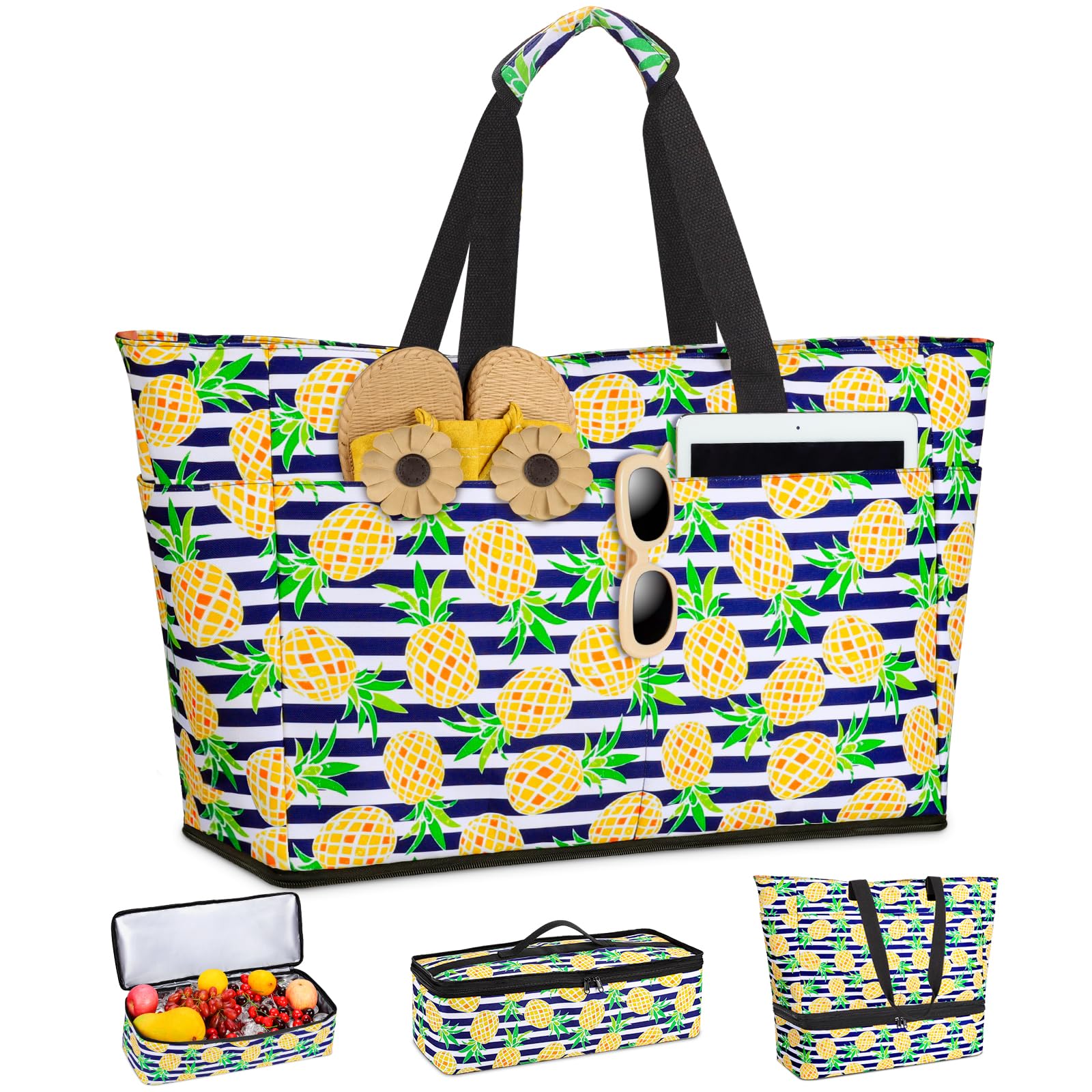 ISEYOU Borsa Mare Donna Grande XXL con Borsa Frigo Staccabile, Borsa Spiaggia Famiglia 49L Impermeabile alla Sabbia con Cerniera, Pieghevole e Leggera Borse Tracolla Per Viaggio, Piscina & Palestra